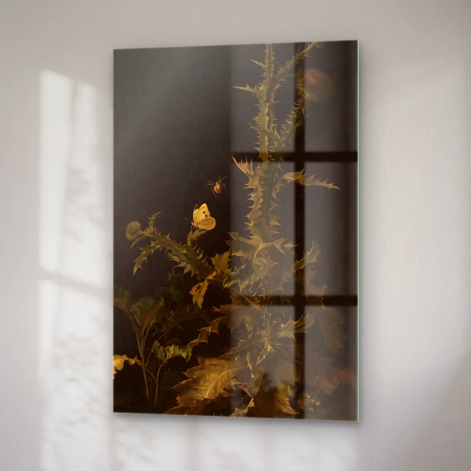 Willem van Aelst – Distel mit verschiedenen Tieren – Siyah Beyaz Tonlar cam tablo — sağ açıdan görünüm