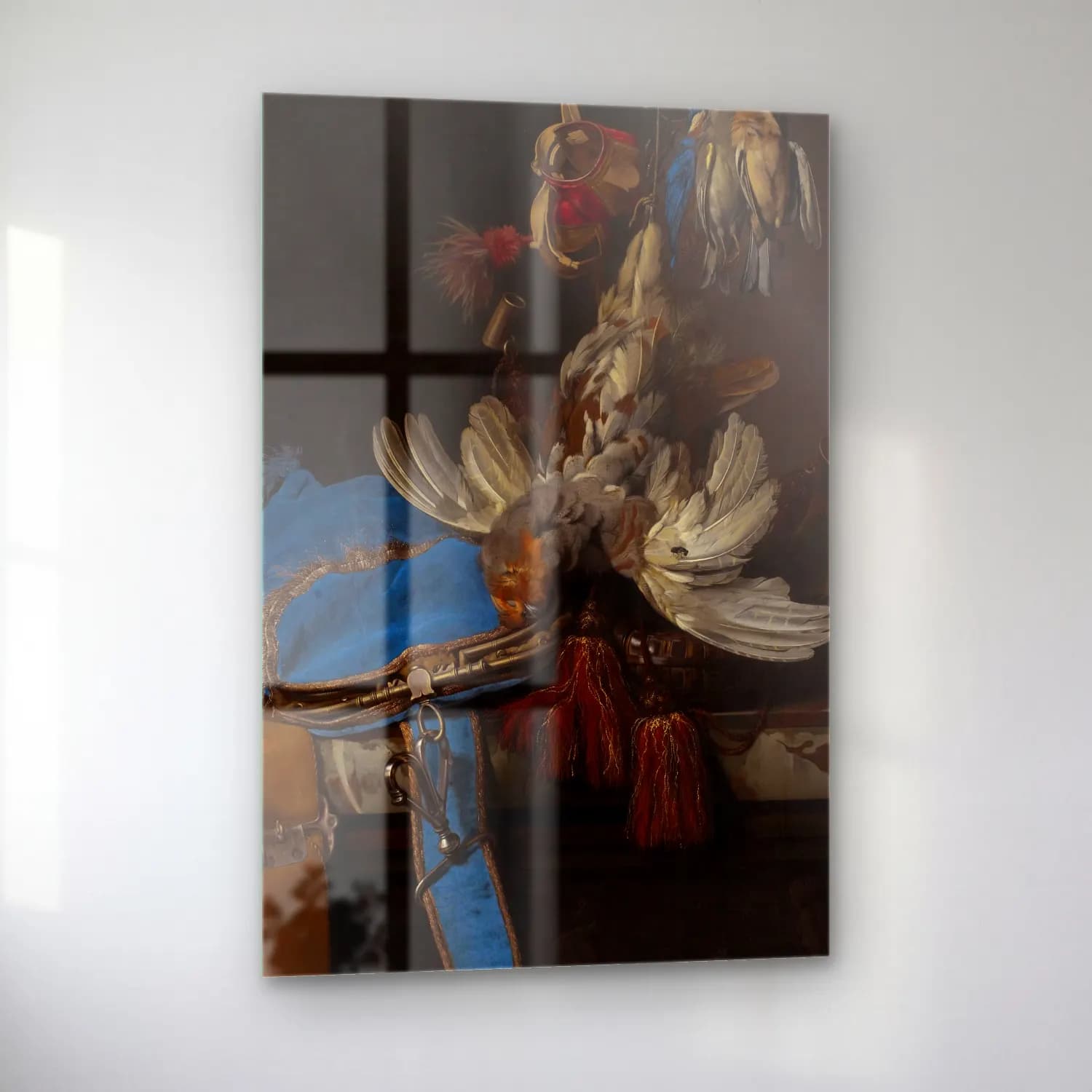 Willem van Aelst – Hunt Still Life with a Velvet Bag on a Marble Ledge (circa… – Mavi Tonlar cam tablo — sol açıdan görünüm