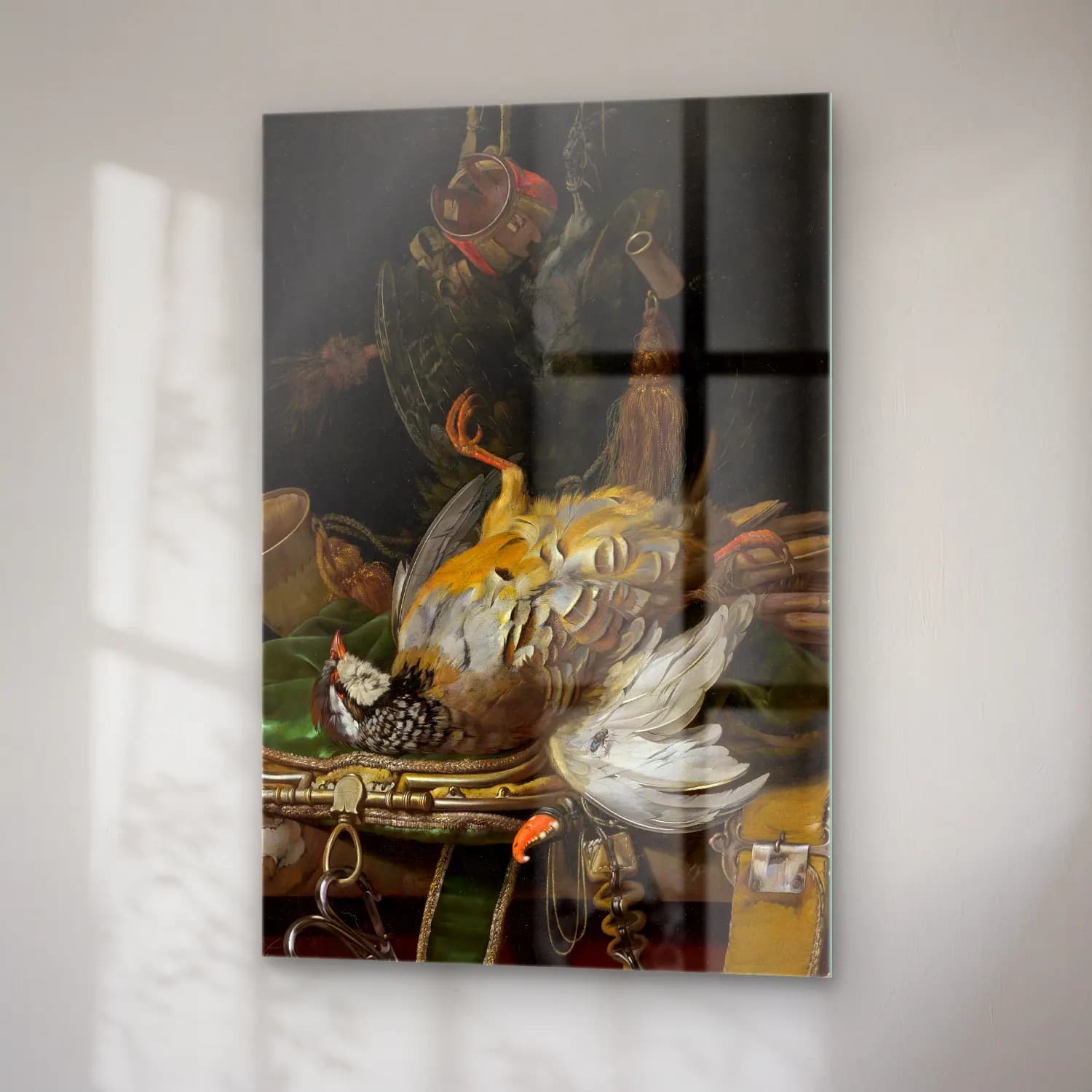 Willem van Aelst – Still Life with Partridges – Siyah Beyaz Tonlar cam tablo — sağ açıdan görünüm