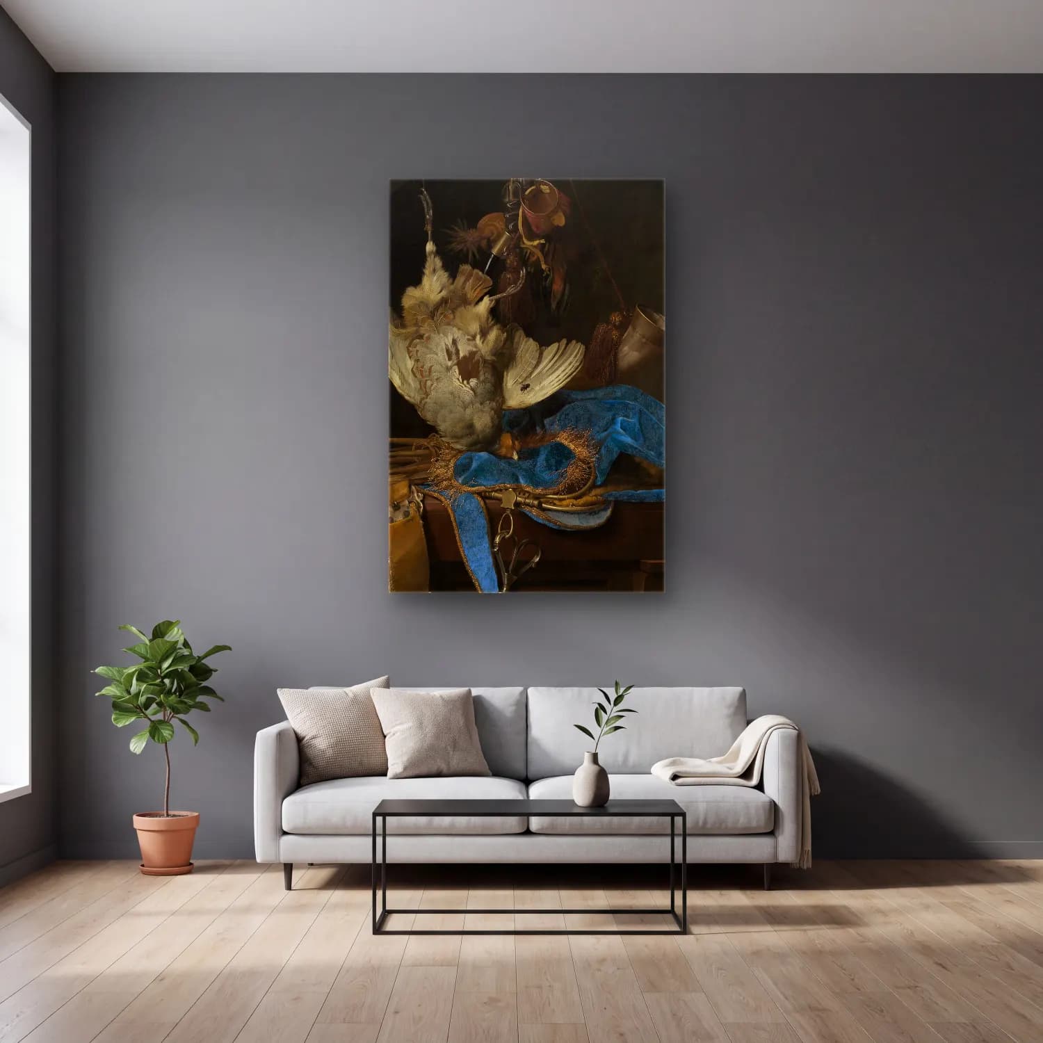 Willem van Aelst – Stillleben mit Jagdgeräten und totem Rebhuhn cam tablo — gri duvarlı salonda