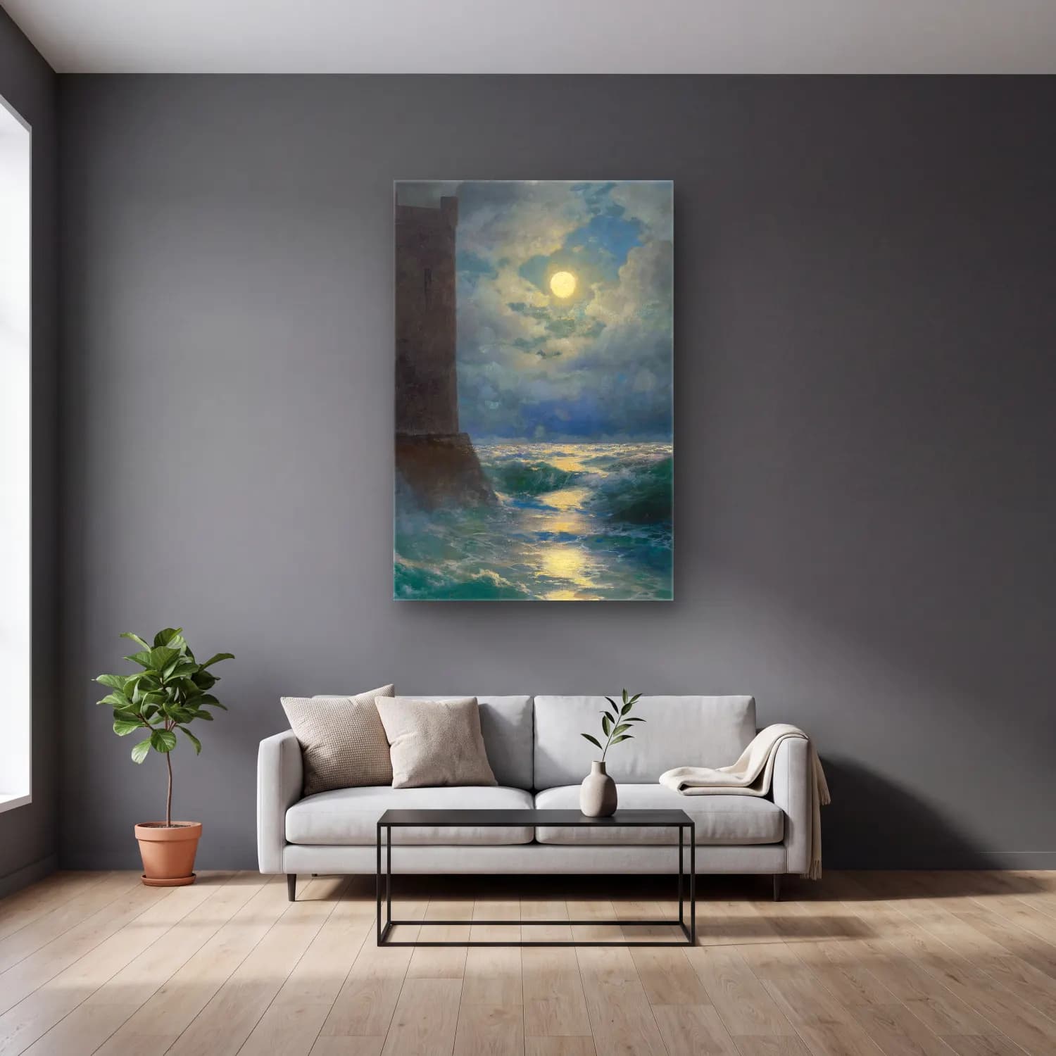 Konstantinovich Aivazovsky – Moonlight cam tablo — gri duvarlı salonda