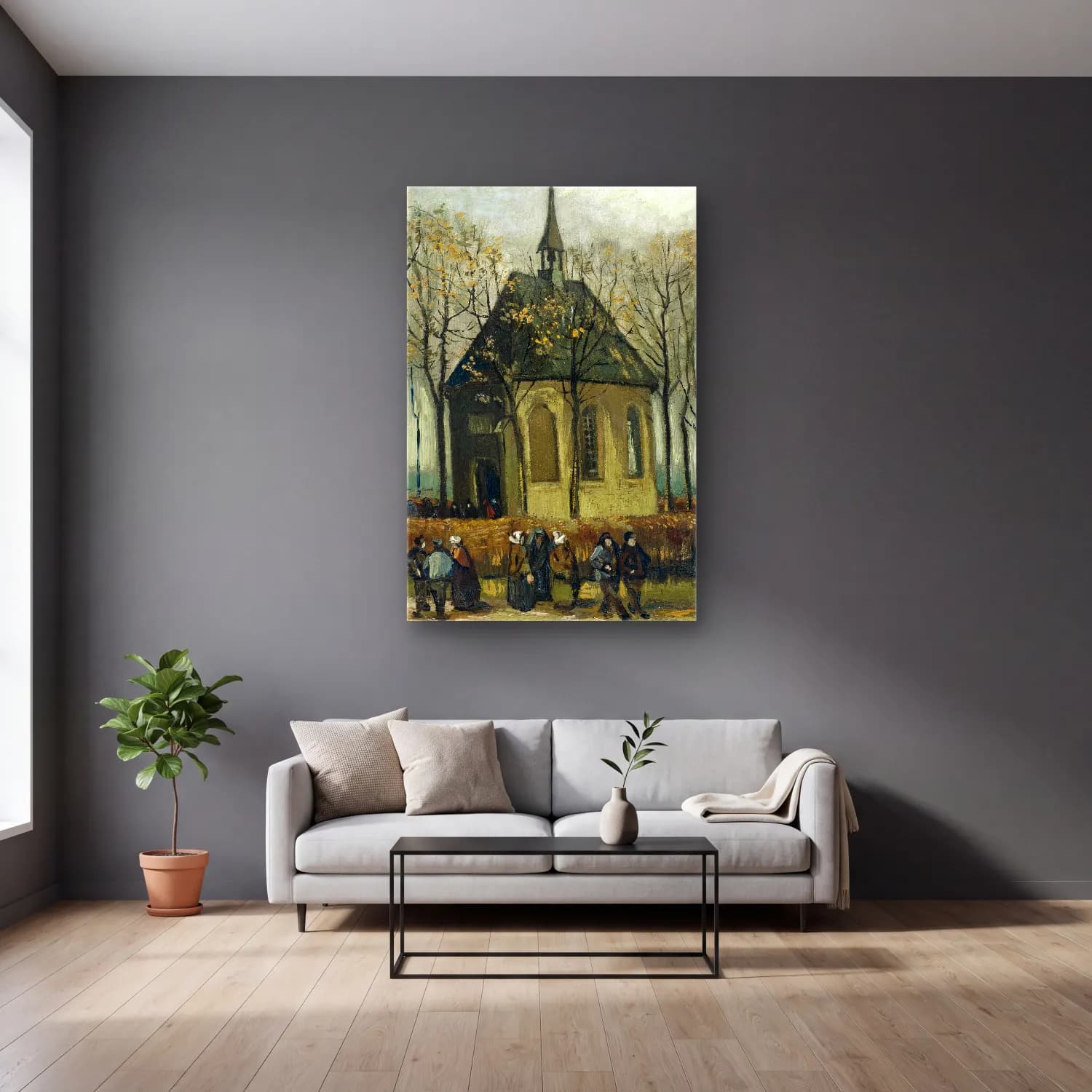 Vincent van Gogh – Congregation Leaving the Reformed Church in Nuenen cam tablo — gri duvarlı salonda