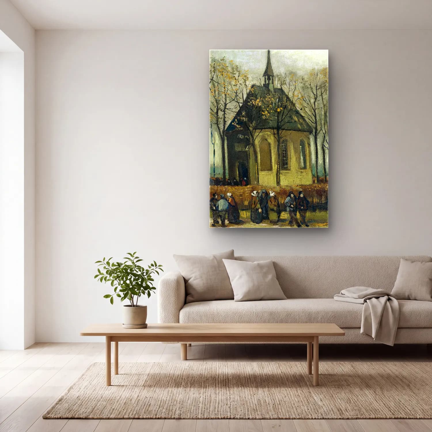 Vincent van Gogh – Congregation Leaving the Reformed Church in Nuenen cam tablo — açık renk salonda