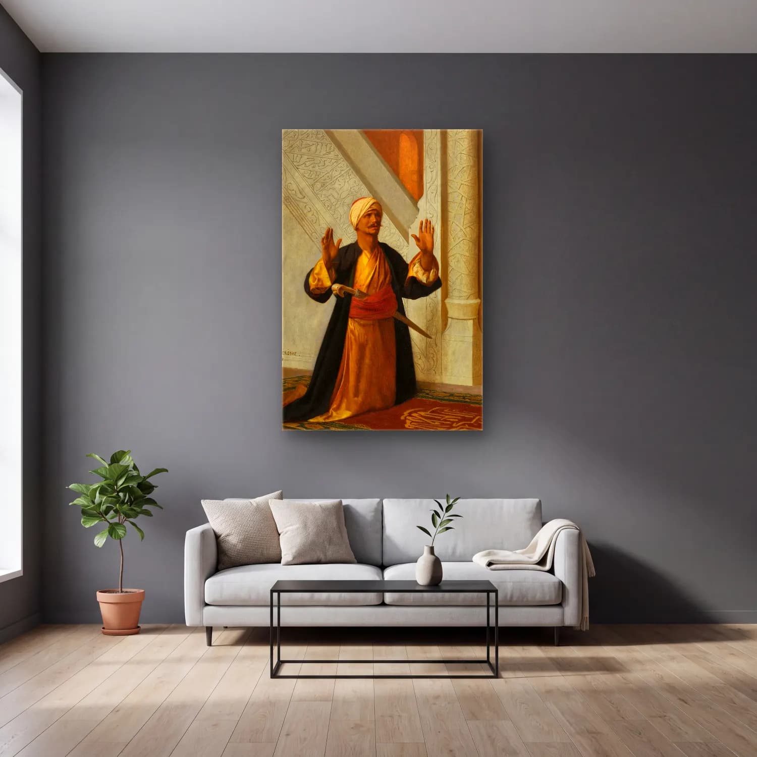 Jean-Léon Gérôme – At Prayer cam tablo — gri duvarlı salonda