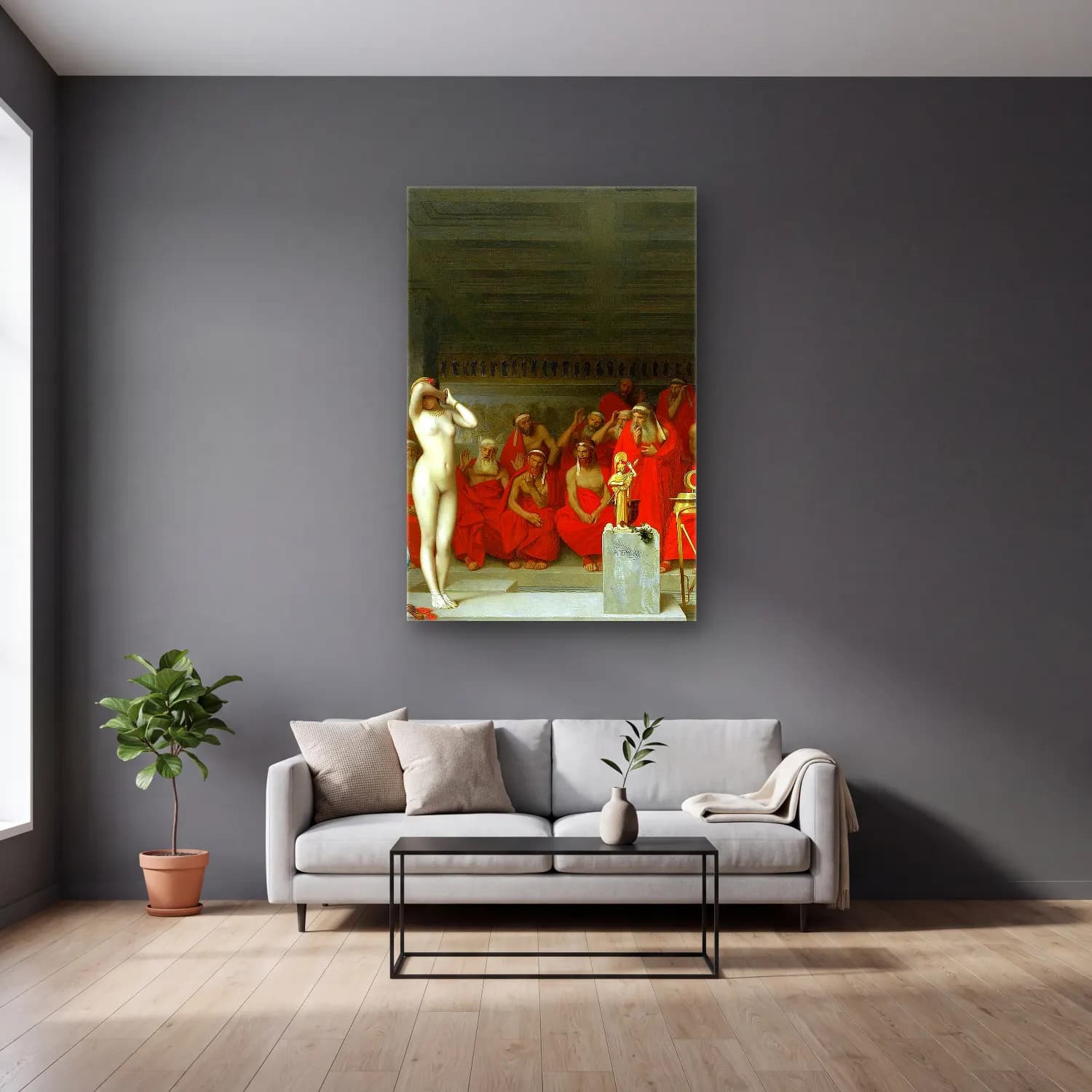 Jean-Léon Gérôme – Phryne revealed before the Areopagus cam tablo — gri duvarlı salonda