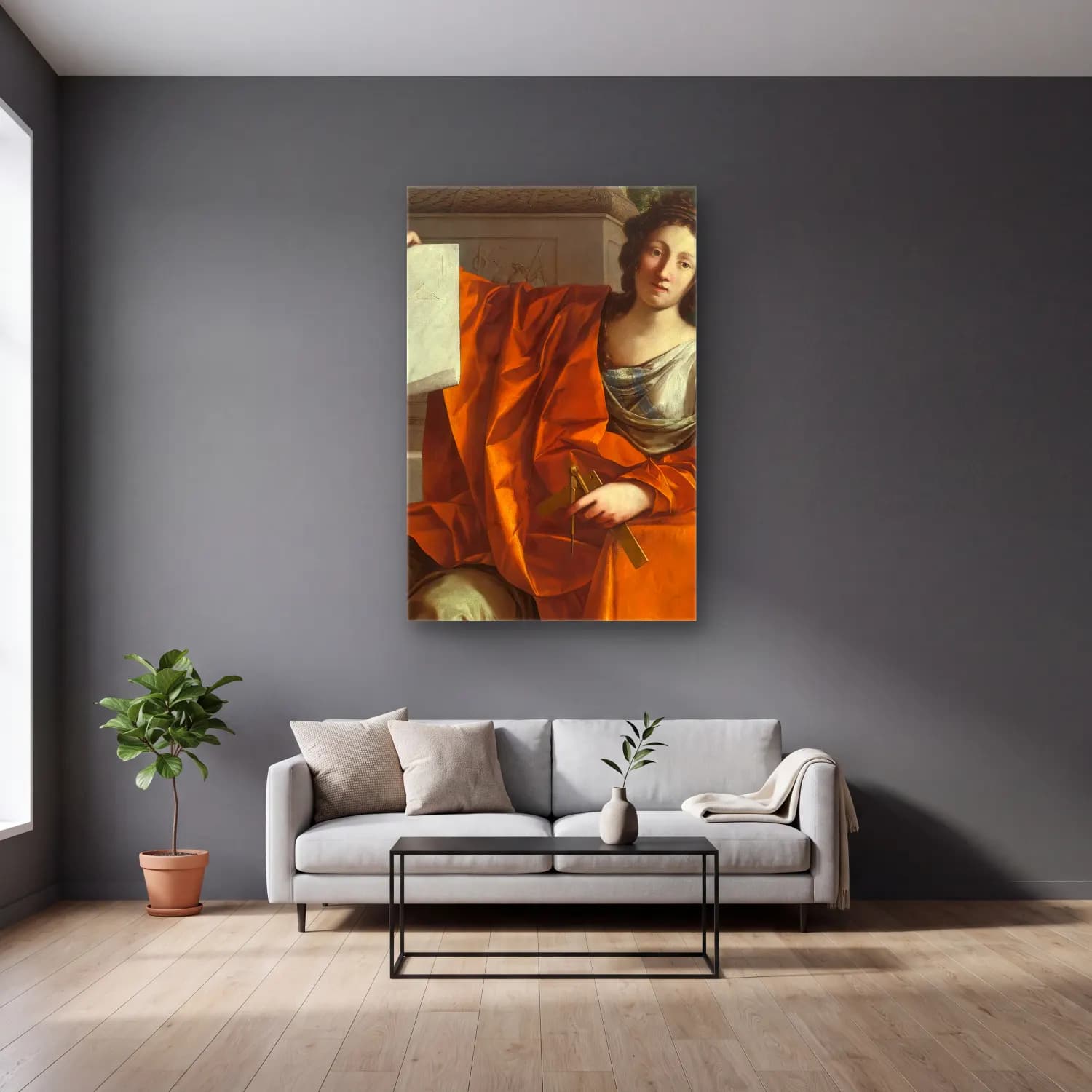 Laurent de la Hyre – Allegory Of Geometry cam tablo — gri duvarlı salonda