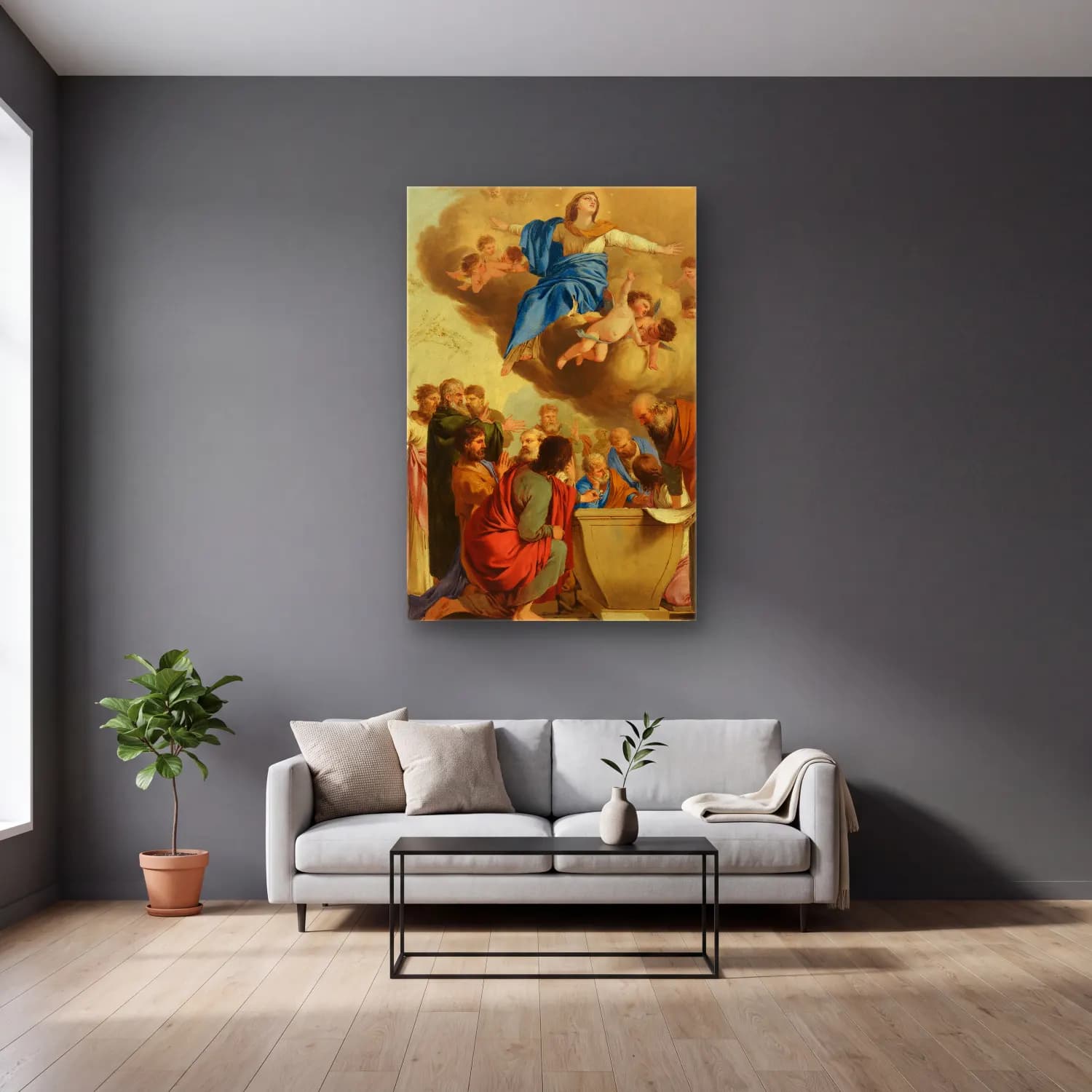 Laurent de la Hyre – The Assumption (circa 1653) cam tablo — gri duvarlı salonda