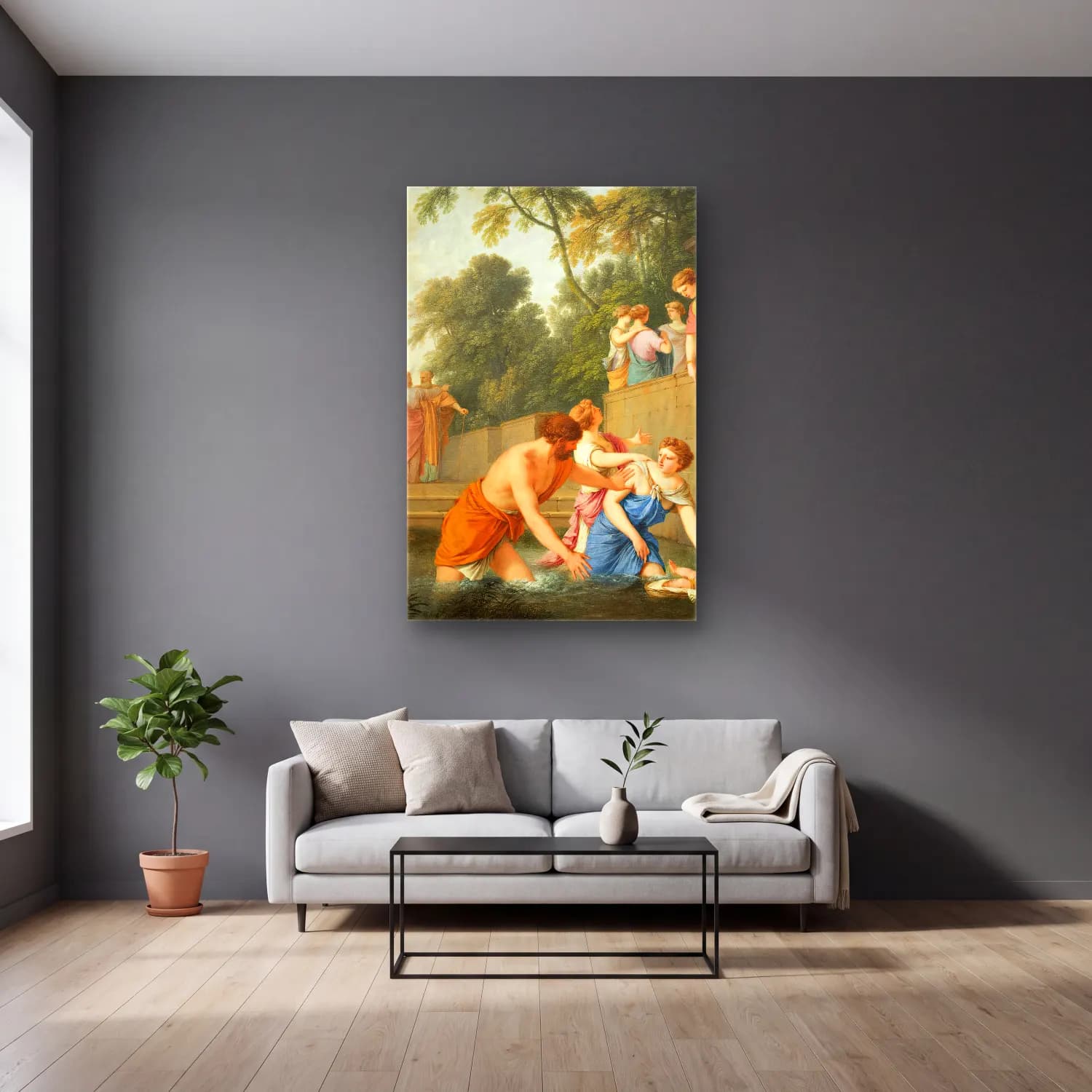 Laurent de la Hyre – The Finding of Moses (between 1647 and 1650) cam tablo — gri duvarlı salonda