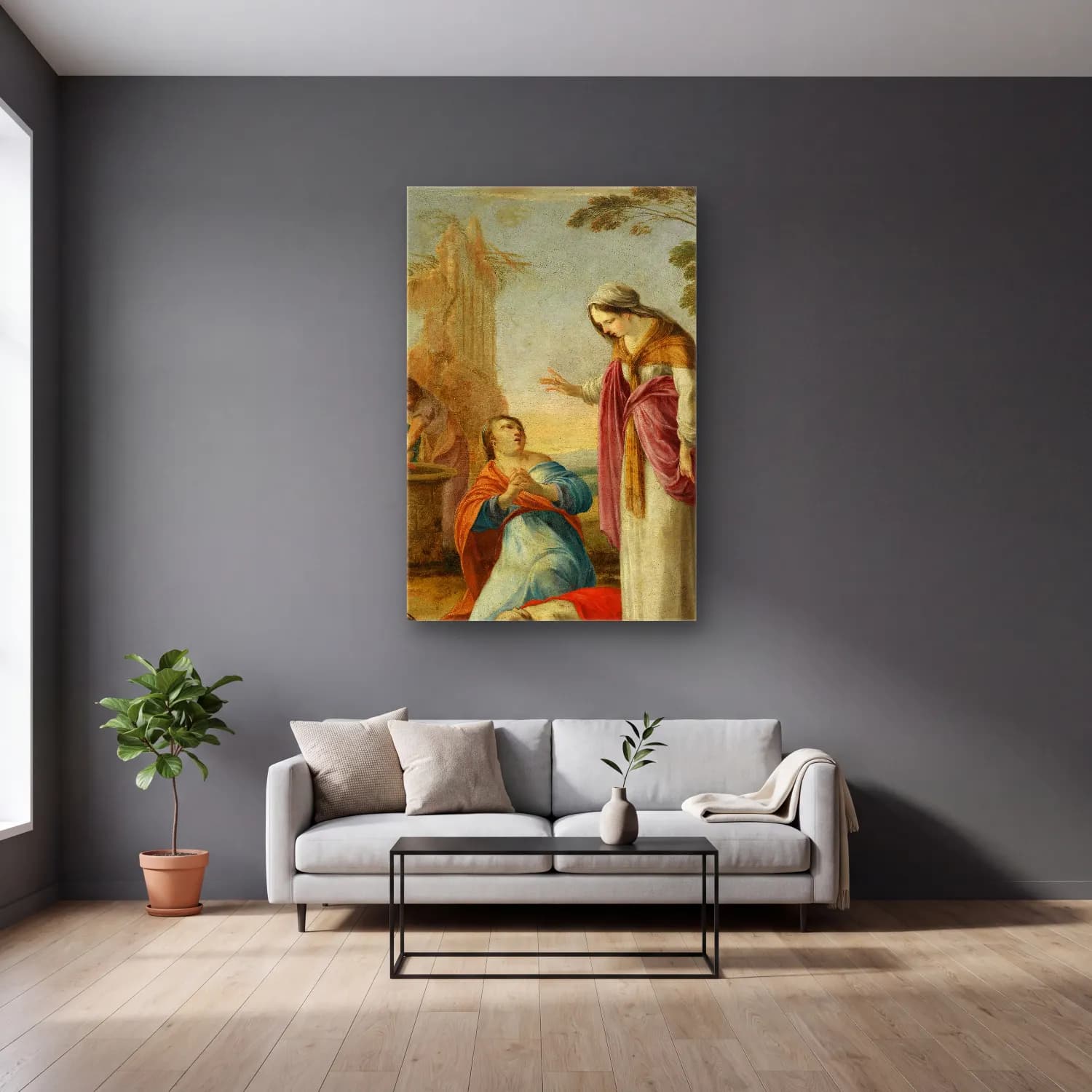 Laurent de la Hyre – The Miracle of St. Elizabeth of Hungary cam tablo — gri duvarlı salonda