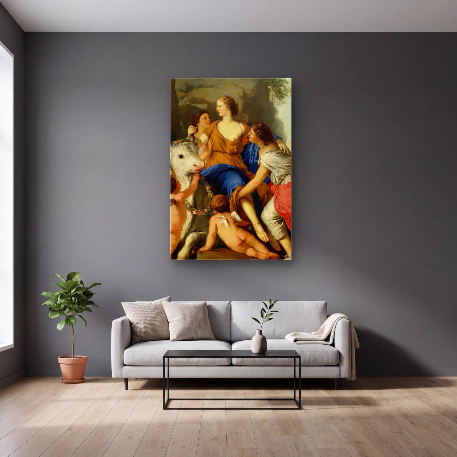 Laurent de la Hyre – The Rape of Europa cam tablo — gri duvarlı salonda