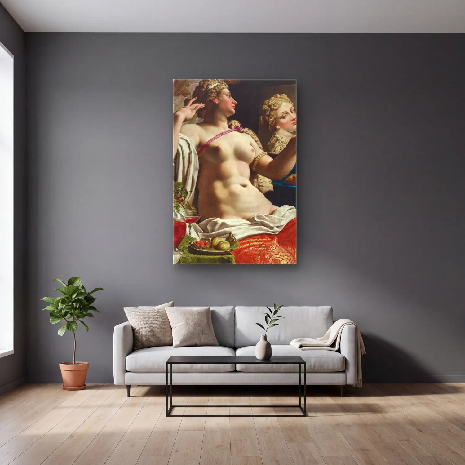 Abraham Janssens – An Allegory Of Lust (Lascivia) – Pembe Tonlar cam tablo — gri duvarlı salonda