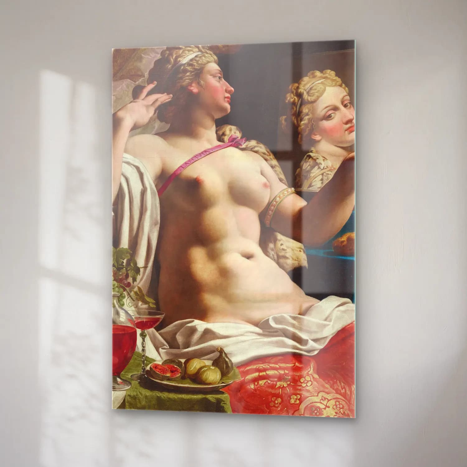 Abraham Janssens – An Allegory Of Lust (Lascivia) – Pembe Tonlar cam tablo — sağ açıdan görünüm