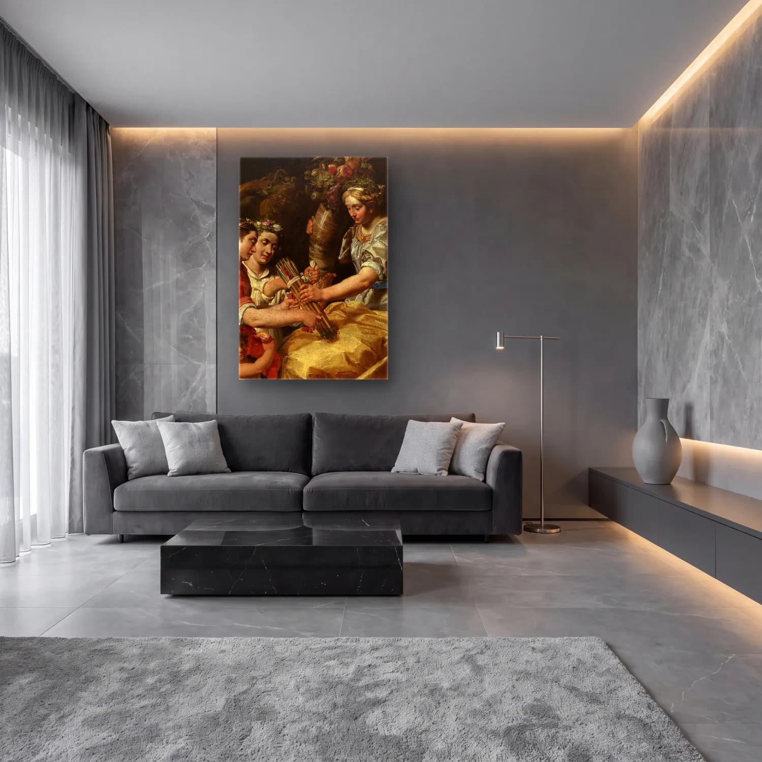 Abraham Janssens – Concord, Charity and Sincerity Conquering Discord – Bej Tonlar cam tablo — lüks salon duvarında