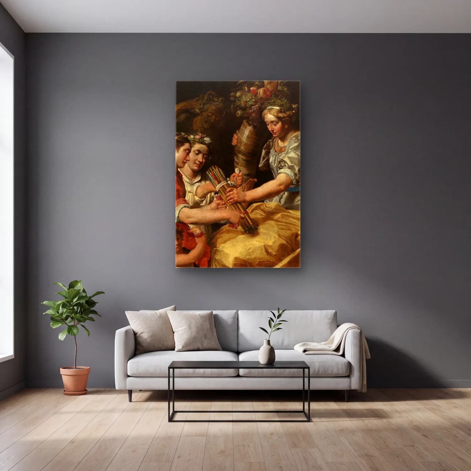 Abraham Janssens – Concord, Charity and Sincerity Conquering Discord – Bej Tonlar cam tablo — gri duvarlı salonda