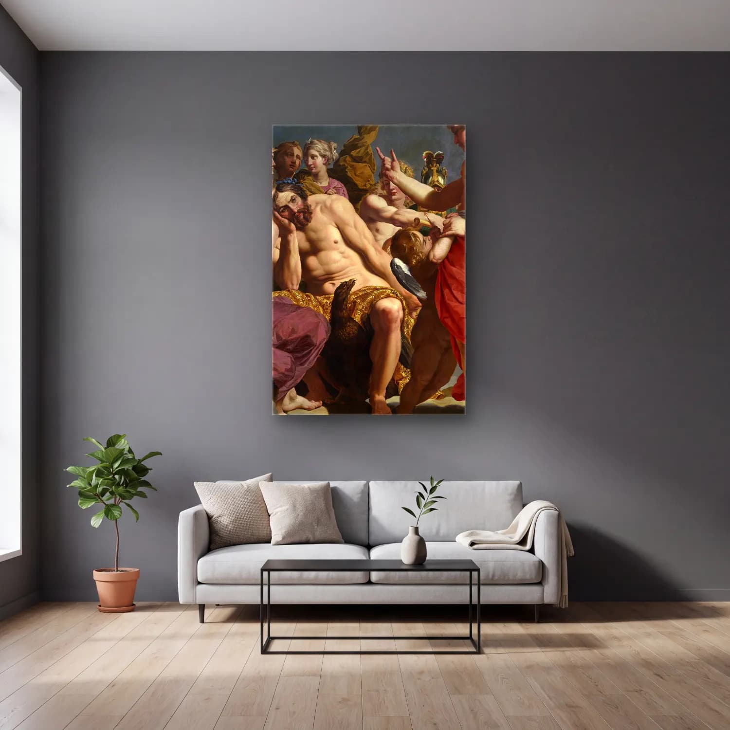 Abraham Janssens – Jupiter Rebuked By Venus (C. 1612) – Sarı Tonlar cam tablo — gri duvarlı salonda