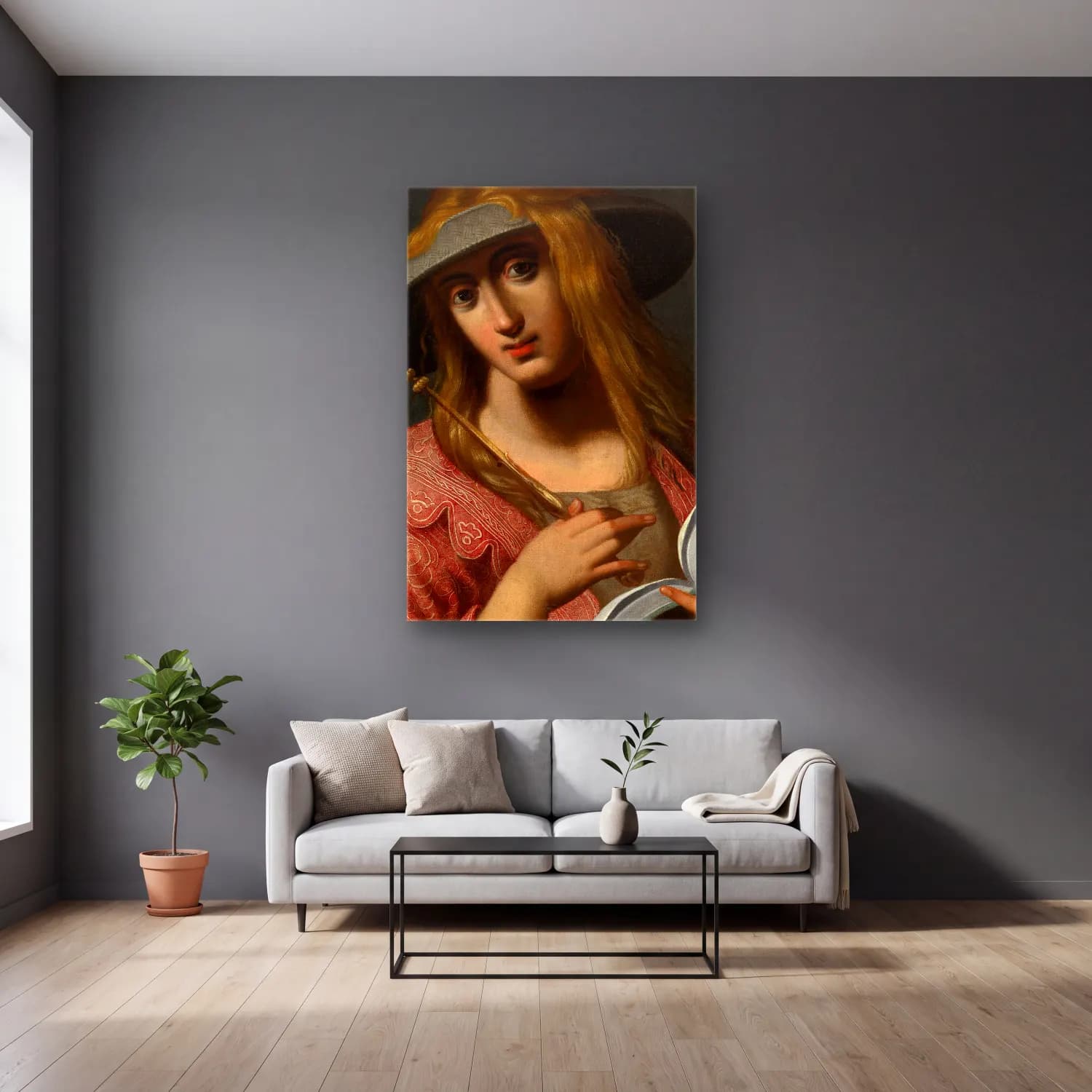 Abraham Janssens – Sibyl – Kırmızı Tonlar cam tablo — gri duvarlı salonda