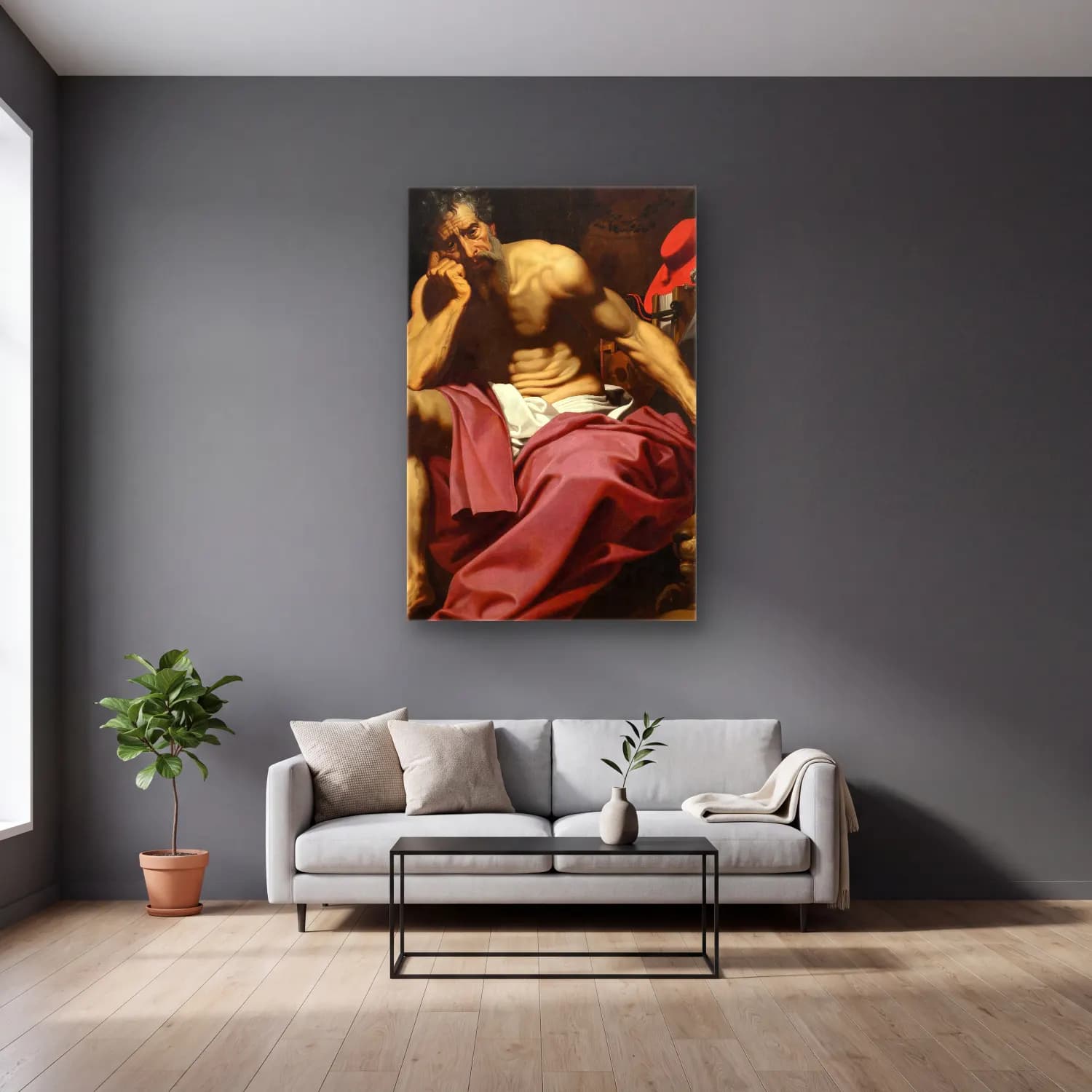 Abraham Janssens – St Jerome – Kırmızı Tonlar cam tablo — gri duvarlı salonda