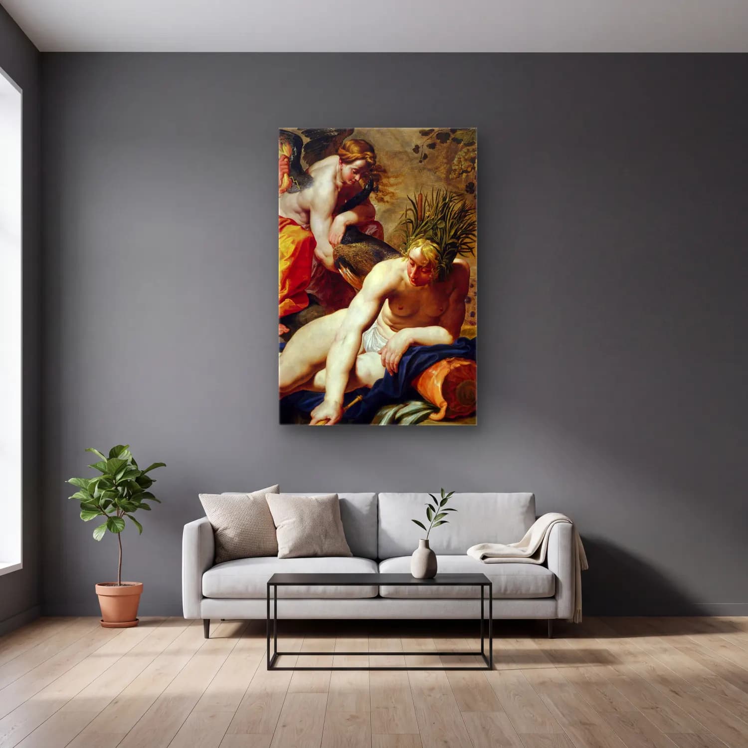 Abraham Janssens – The Four Elements – Sarı Tonlar cam tablo — gri duvarlı salonda