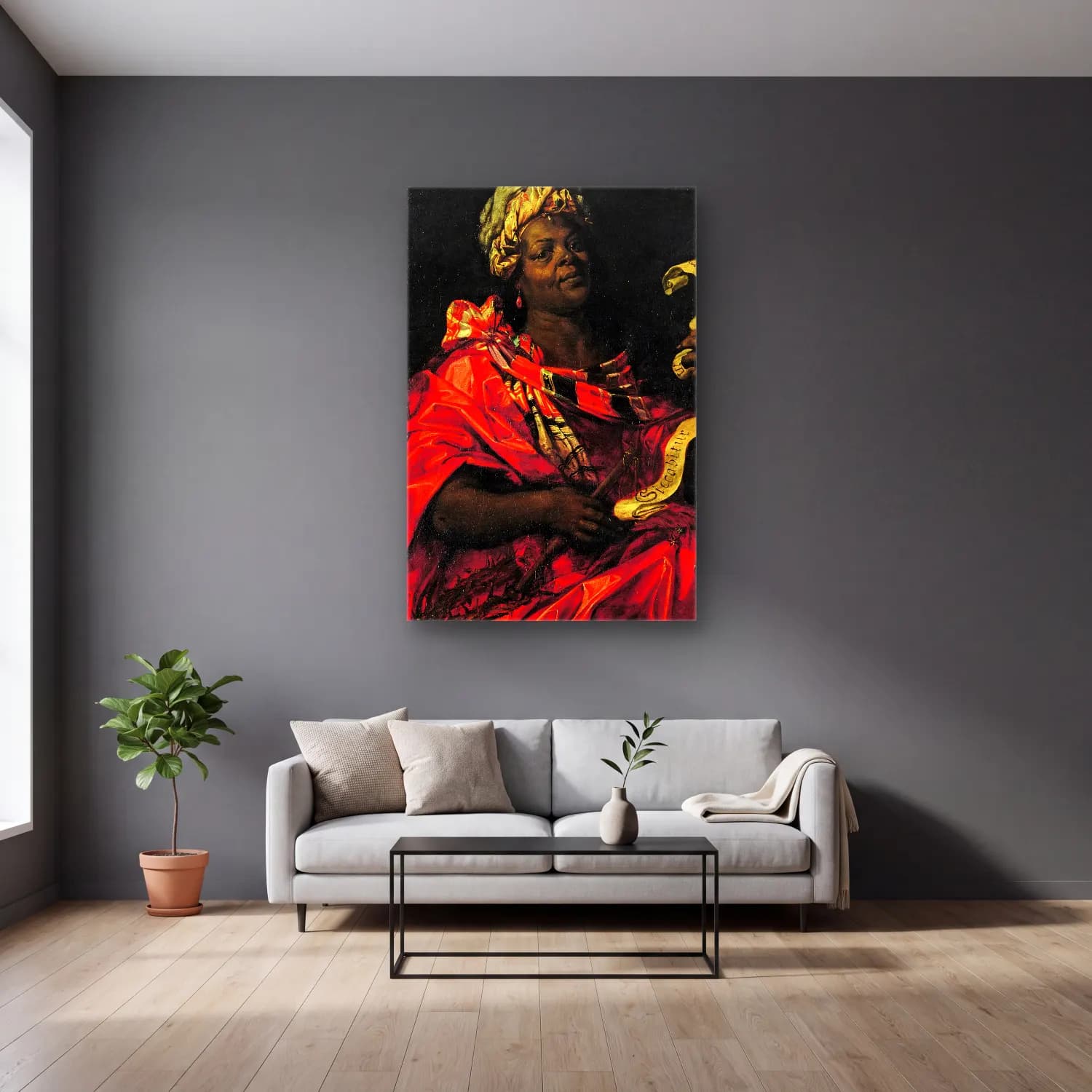 Abraham Janssens – The Sibyl Agrippina – Kırmızı Tonlar cam tablo — gri duvarlı salonda