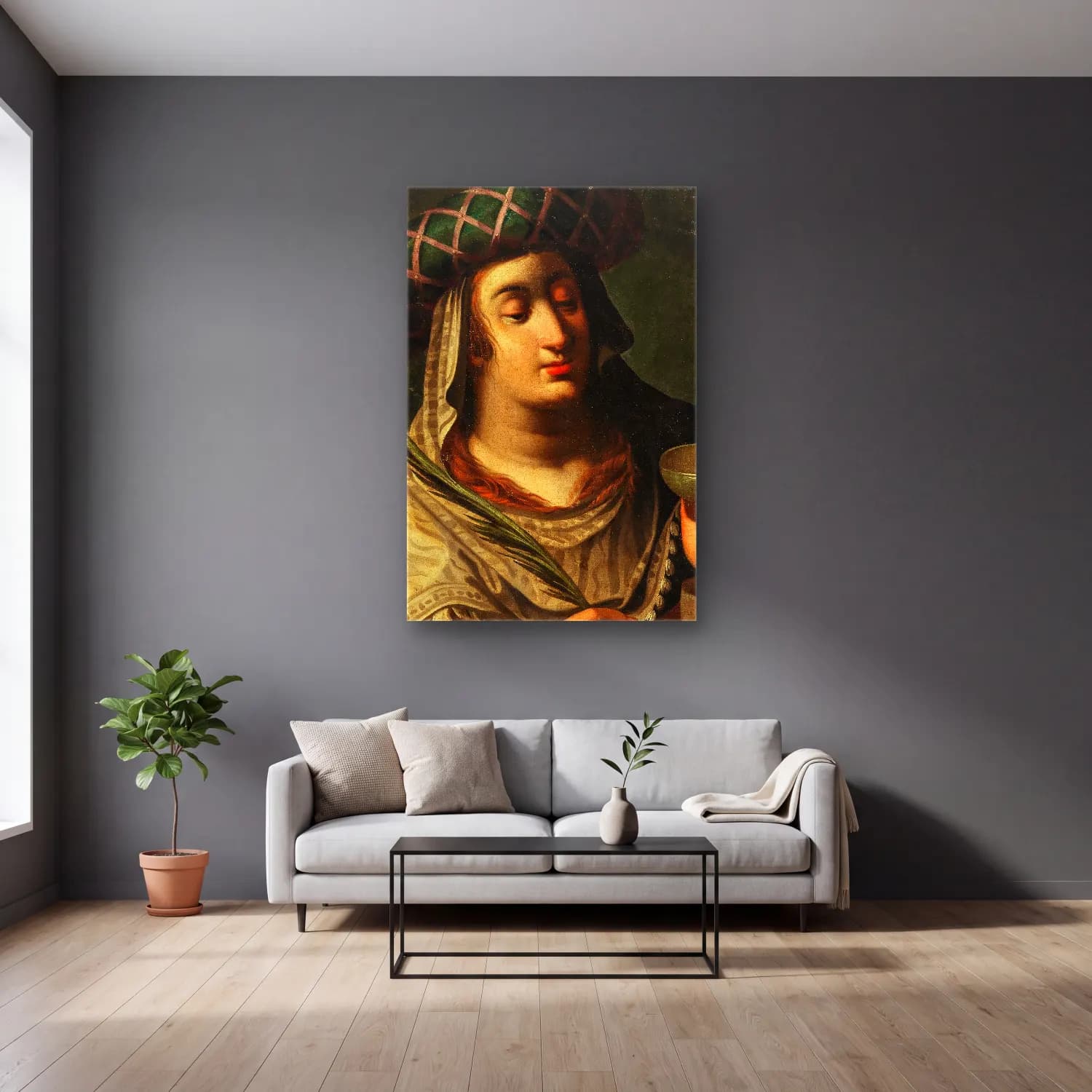 Abraham Janssens – The Tiburtine Sibyl – Yeşil Tonlar cam tablo — gri duvarlı salonda