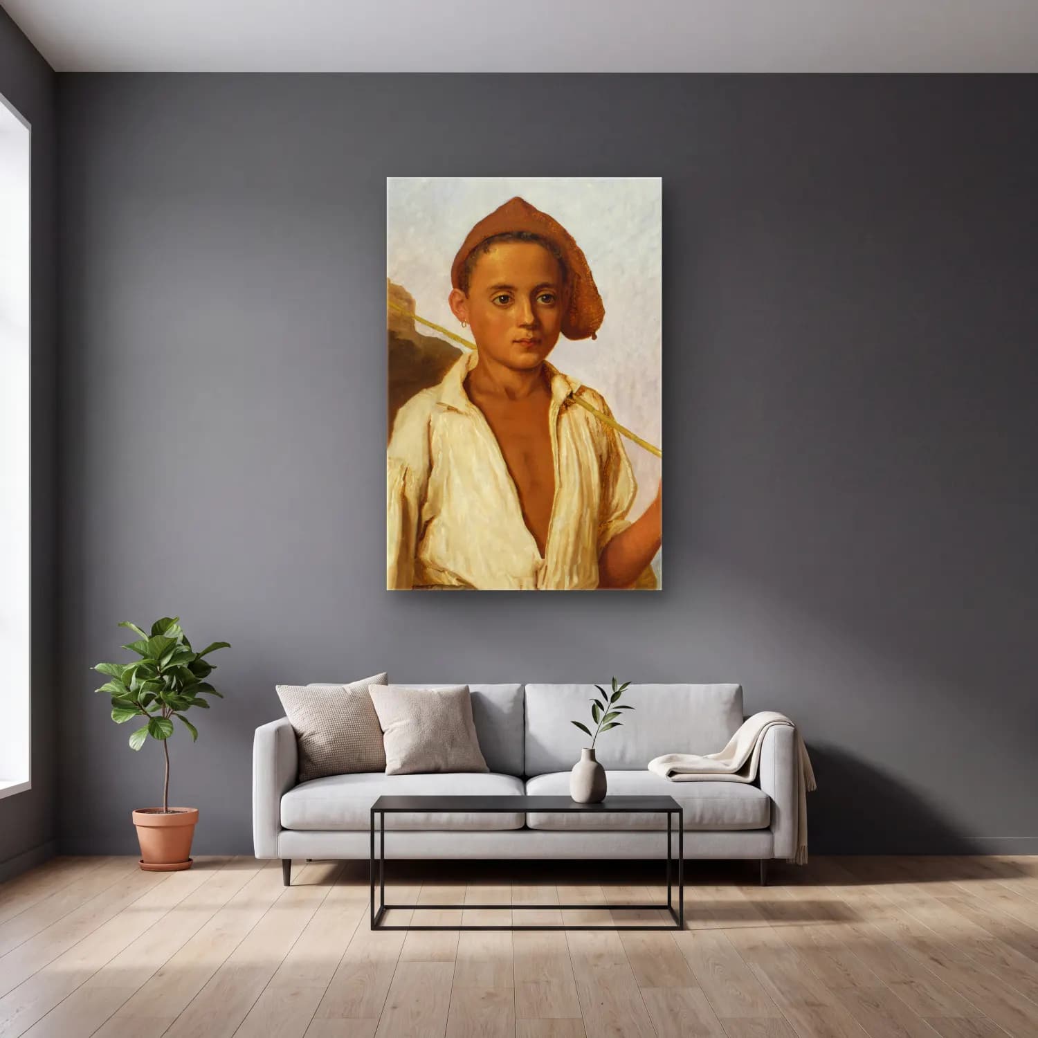 Christen Købke – A Capri Fisher Boy (circa 1844) cam tablo — gri duvarlı salonda