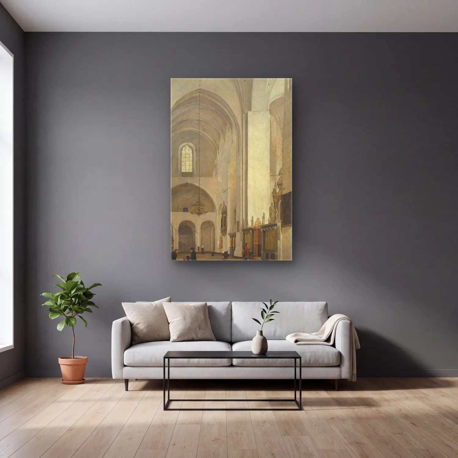 Christen Købke – The Transept Of Århus Cathedral cam tablo — gri duvarlı salonda
