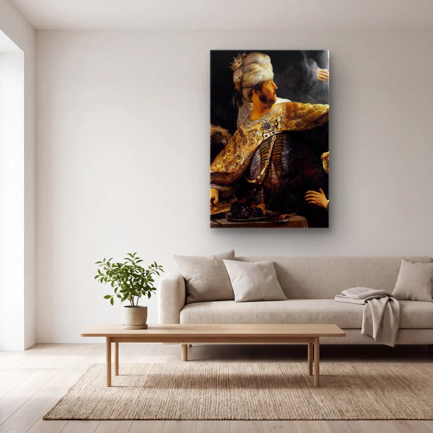 Rembrandt van Rijn – Belshazzar’s feast (from 1634 until 1639) – Siyah Beyaz Tonlar cam tablo — açık renk salonda