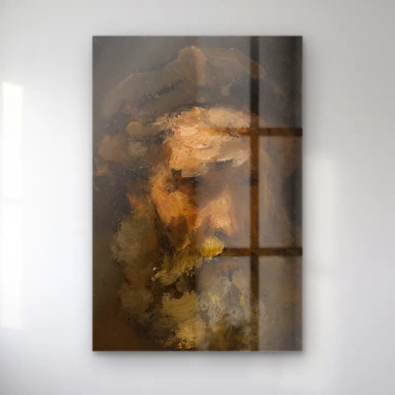Rembrandt van Rijn – Head of Saint Matthew (probably early 1660s) – Bej Tonlar cam tablo — Rembrandt van Rijn – Head of Saint Matthew (probably early 1660s) – Bej Tonlar — yağlı boya erkek portresi