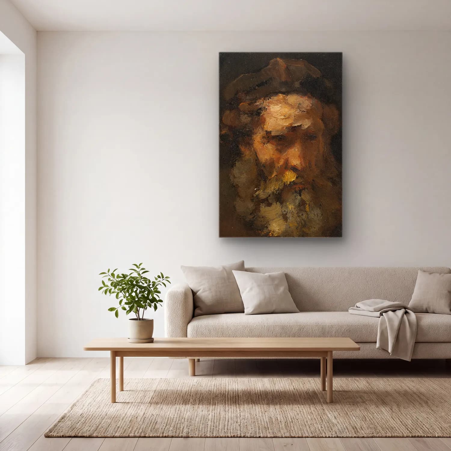 Rembrandt van Rijn – Head of Saint Matthew (probably early 1660s) – Bej Tonlar cam tablo — açık renk salonda