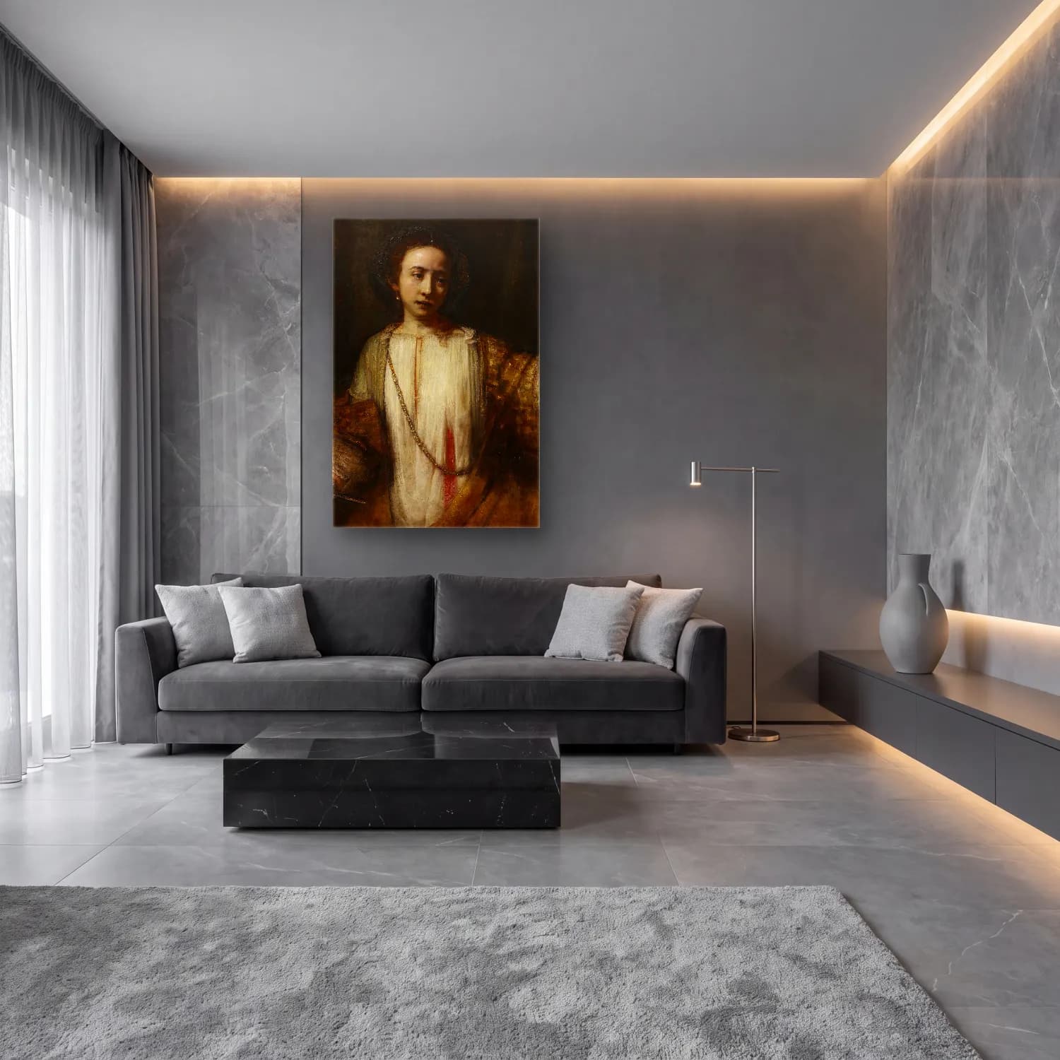 Rembrandt van Rijn – Lucretia No. 4 cam tablo — lüks salon duvarında