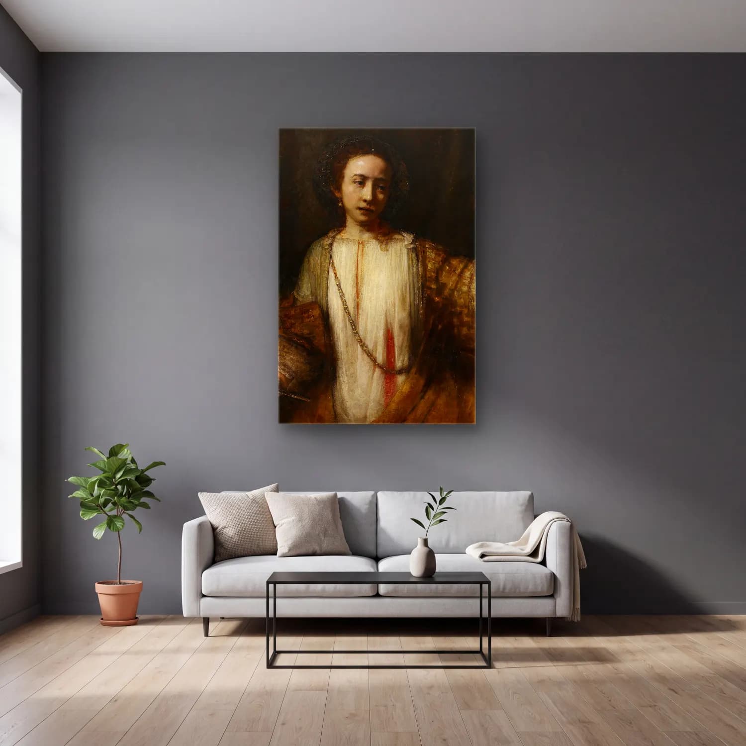 Rembrandt van Rijn – Lucretia No. 4 cam tablo — gri duvarlı salonda
