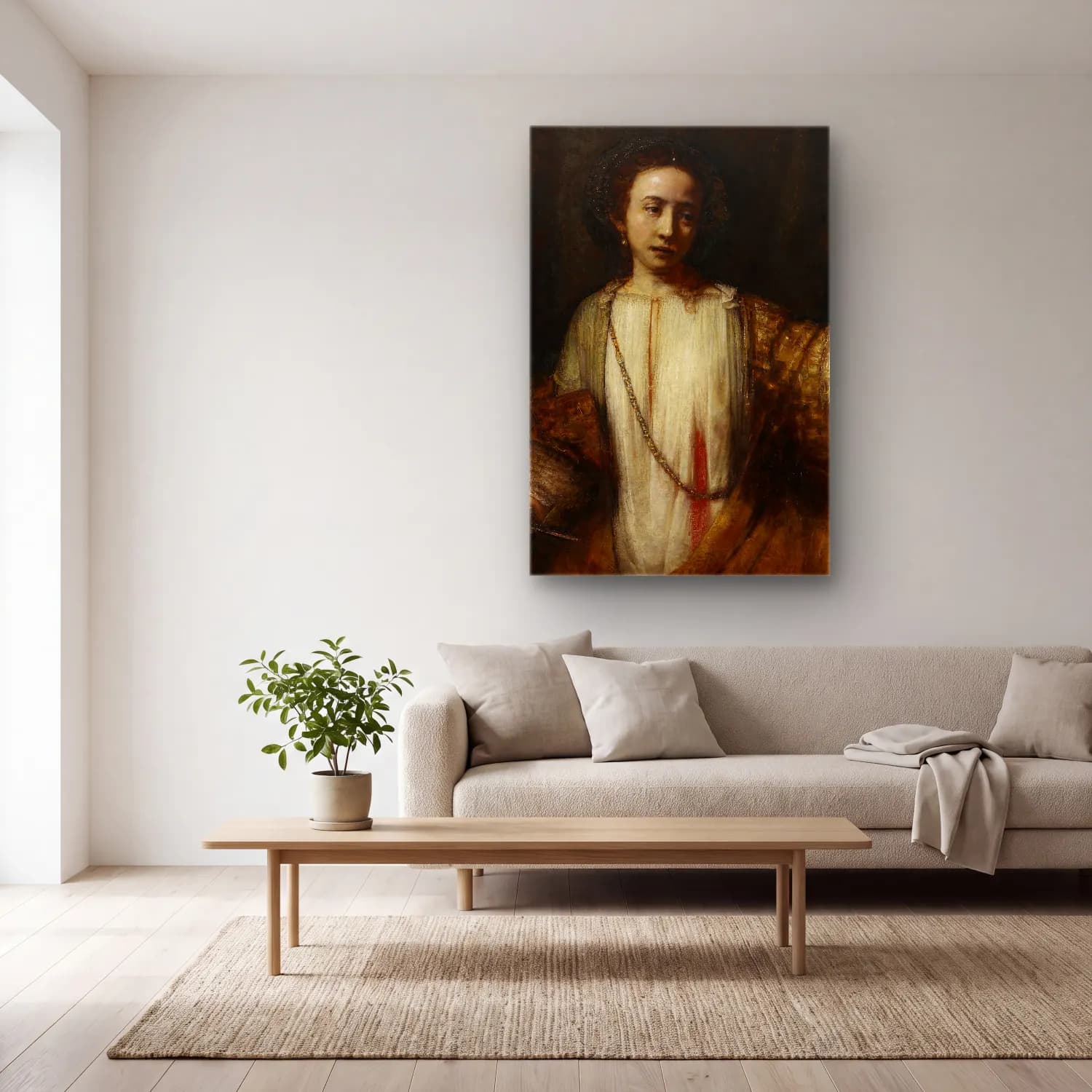 Rembrandt van Rijn – Lucretia No. 4 cam tablo — açık renk salonda