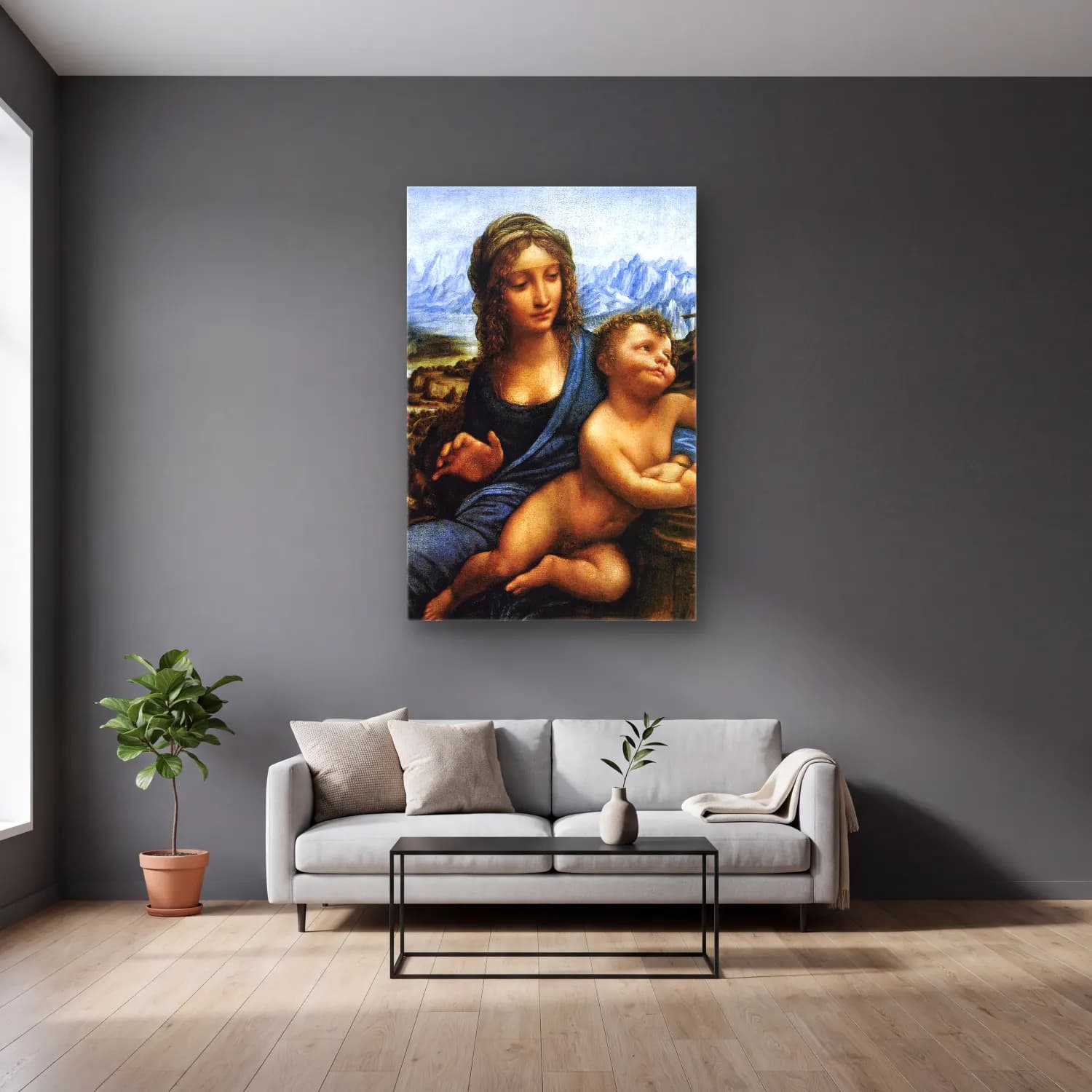 Leonardo da Vinci – Anne ve Çocuk cam tablo — gri duvarlı salonda