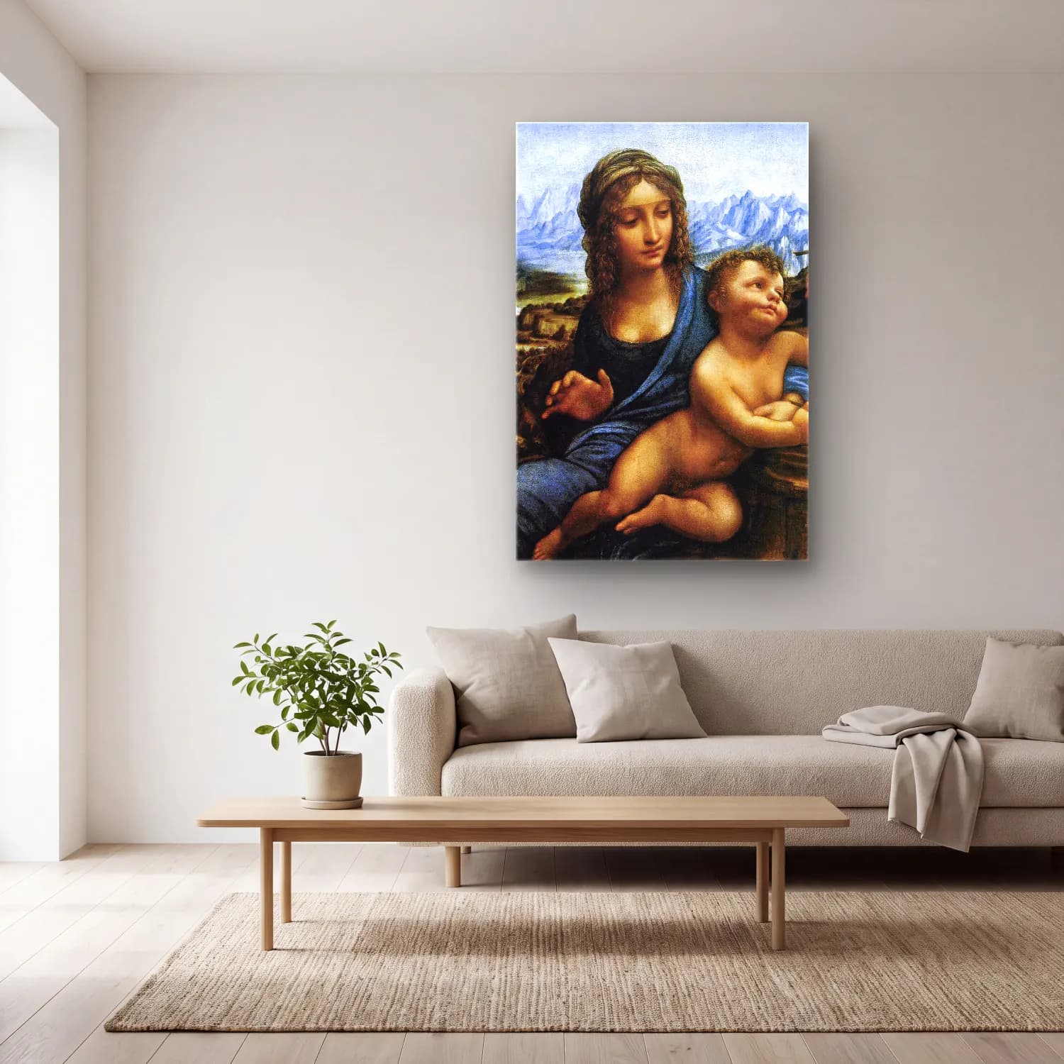 Leonardo da Vinci – Anne ve Çocuk cam tablo — açık renk salonda