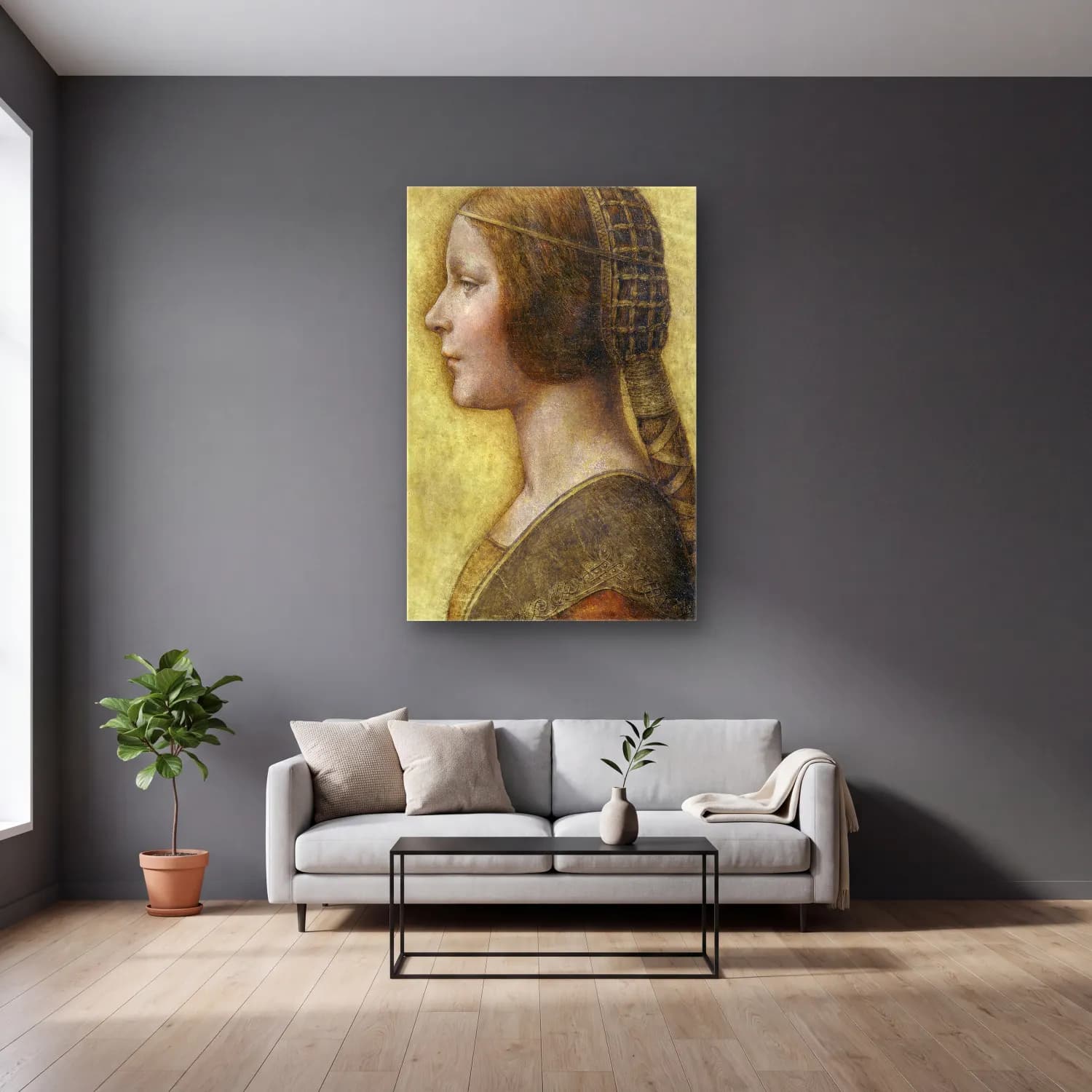 Leonardo da Vinci – Kadın Portresi – Pastel Tonlar cam tablo — gri duvarlı salonda