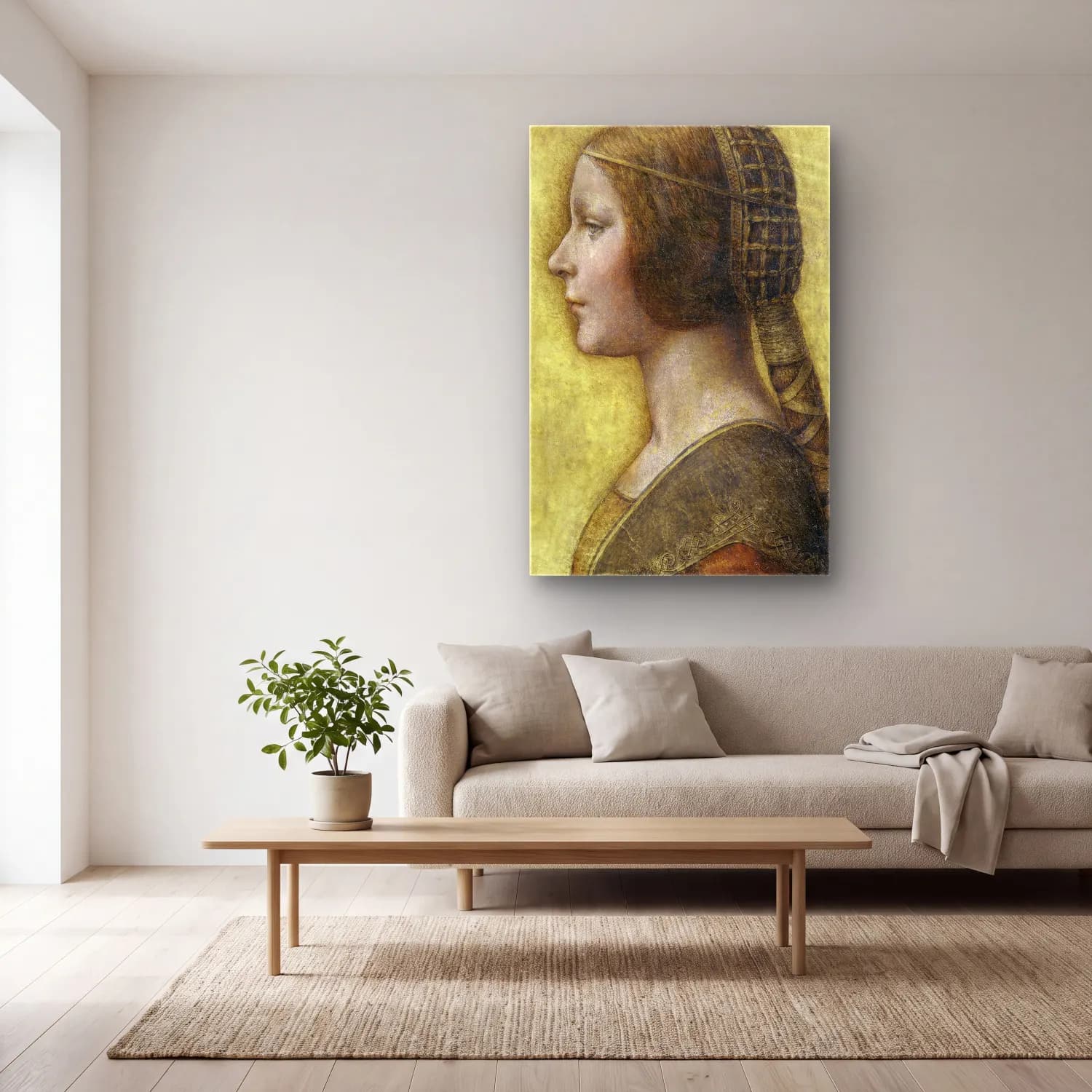 Leonardo da Vinci – Kadın Portresi – Pastel Tonlar cam tablo — açık renk salonda