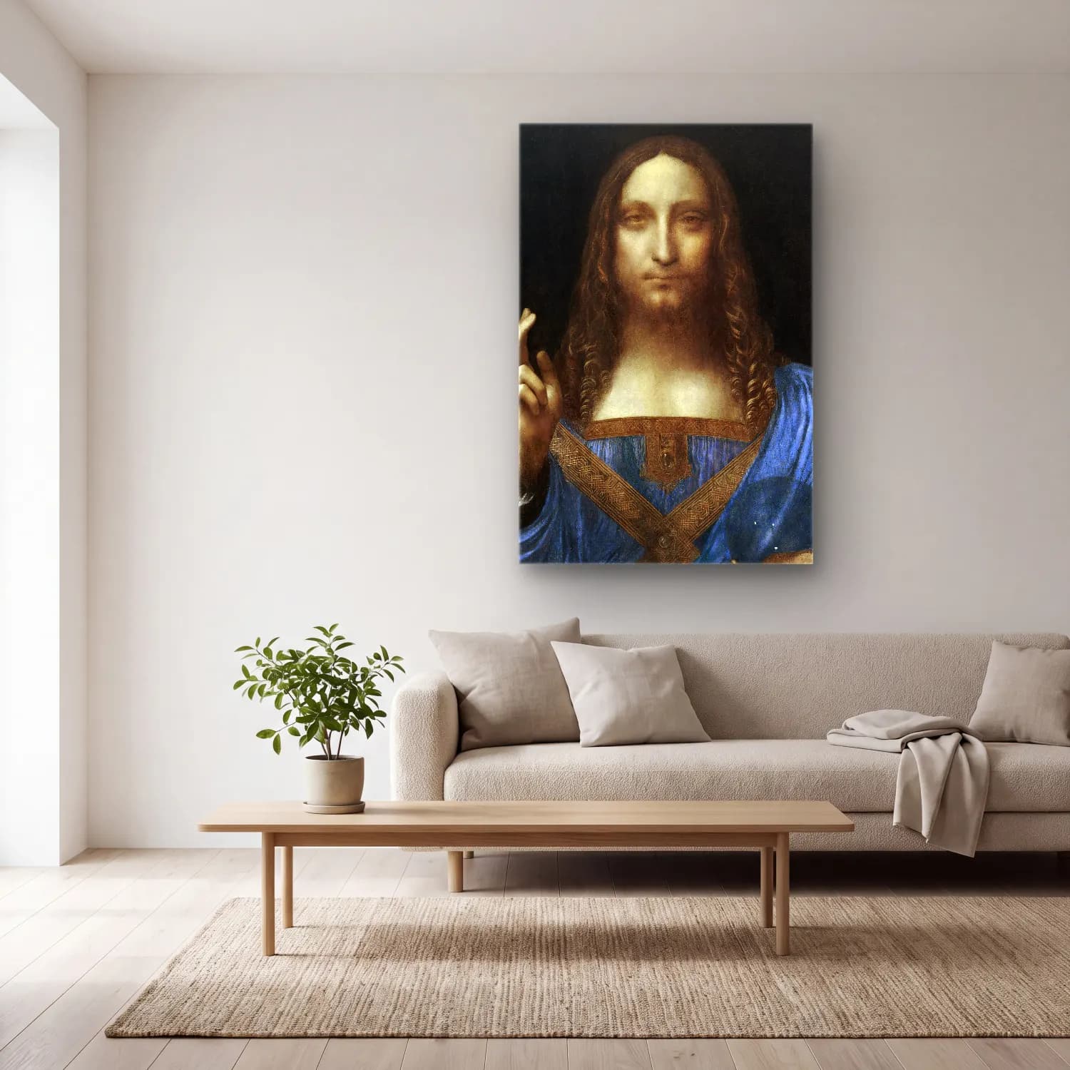 Leonardo da Vinci – Erkek Portresi cam tablo — açık renk salonda