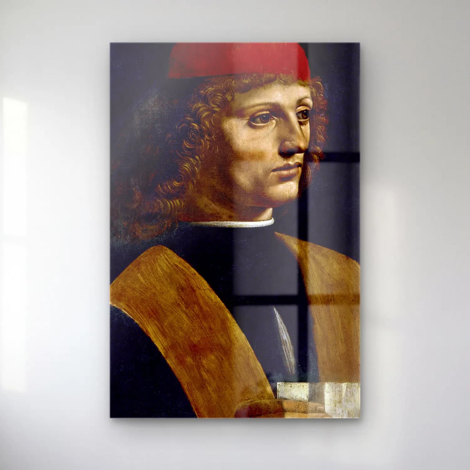 Leonardo da Vinci – Erkek Portresi – Siyah Beyaz Tonlar cam tablo — Leonardo da Vinci – Erkek Portresi – Siyah Beyaz Tonlar — yağlı boya erkek portresi