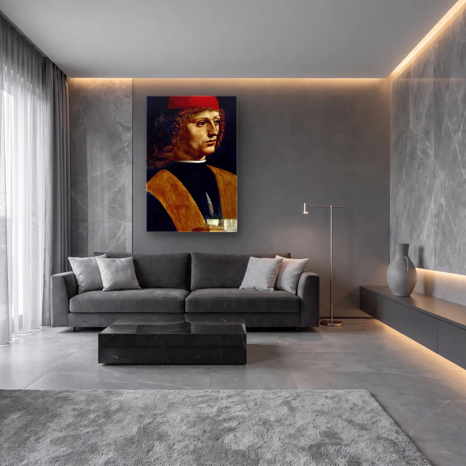 Leonardo da Vinci – Erkek Portresi – Siyah Beyaz Tonlar cam tablo — lüks salon duvarında