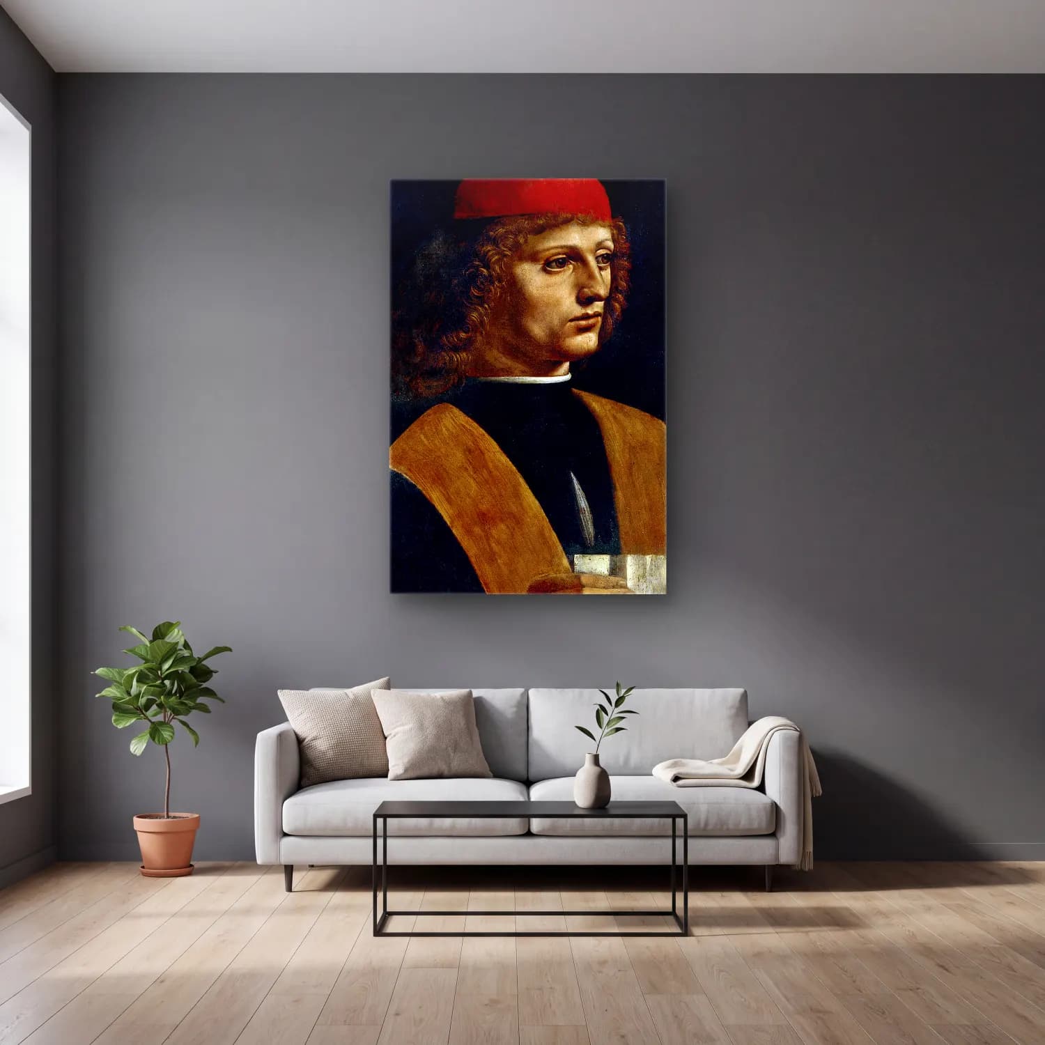 Leonardo da Vinci – Erkek Portresi – Siyah Beyaz Tonlar cam tablo — gri duvarlı salonda