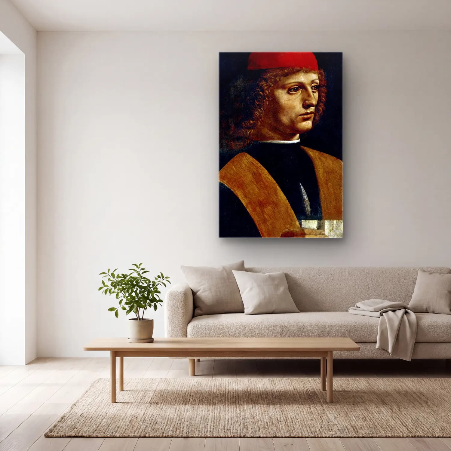 Leonardo da Vinci – Erkek Portresi – Siyah Beyaz Tonlar cam tablo — açık renk salonda