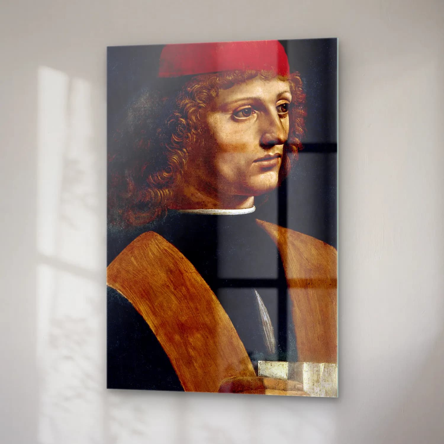 Leonardo da Vinci – Erkek Portresi – Siyah Beyaz Tonlar cam tablo — sağ açıdan görünüm