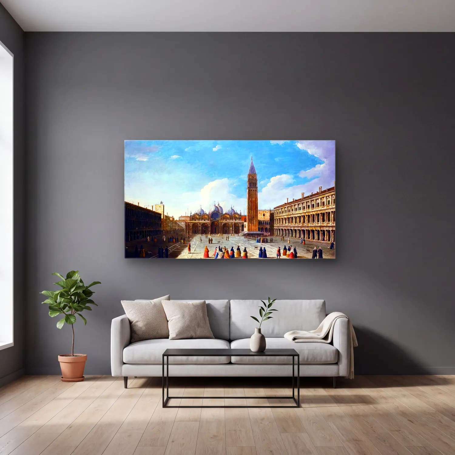 Apollonio Domenichini – View of Piazza San Marco with the Basilica, Venice cam tablo — gri duvarlı salonda