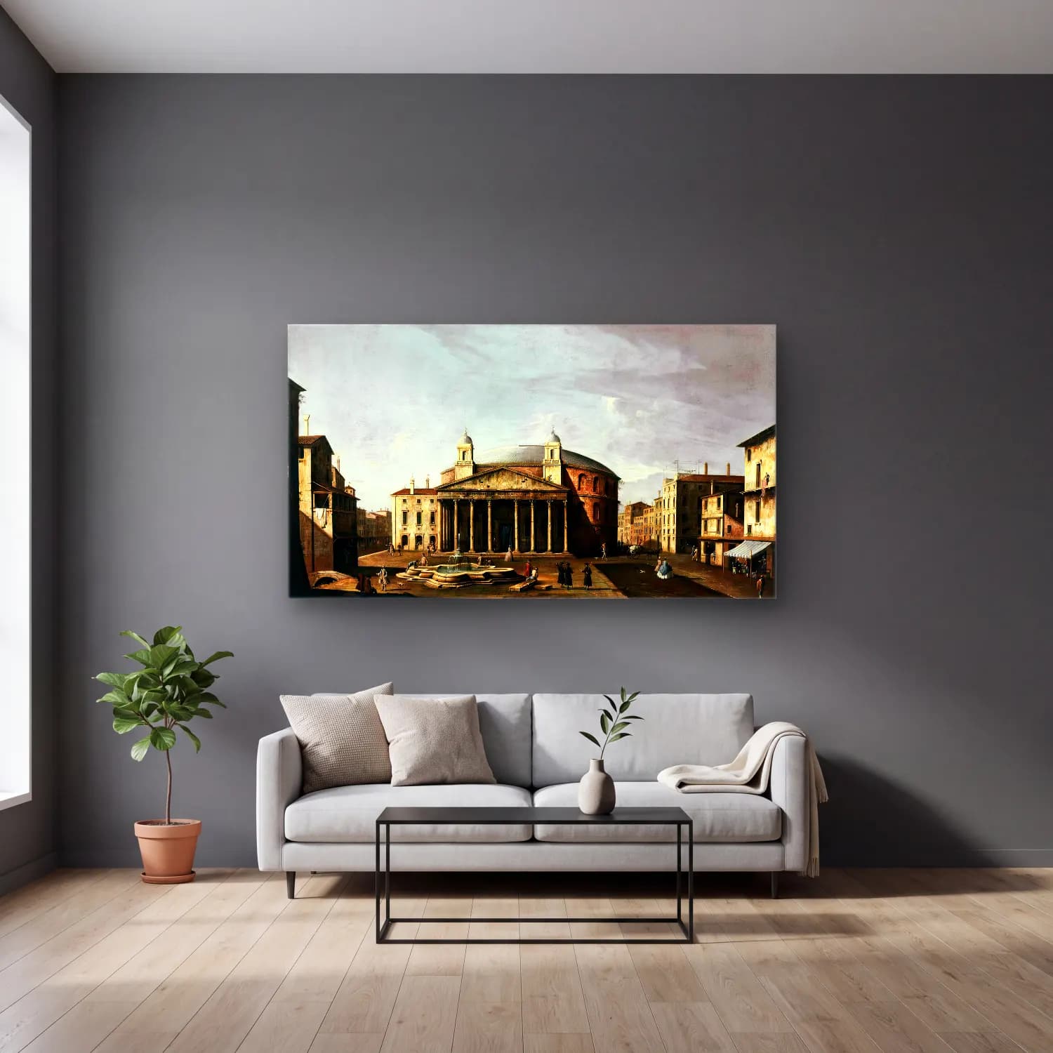 Apollonio Domenichini – View of Piazza del Pantheon in Rome cam tablo — gri duvarlı salonda