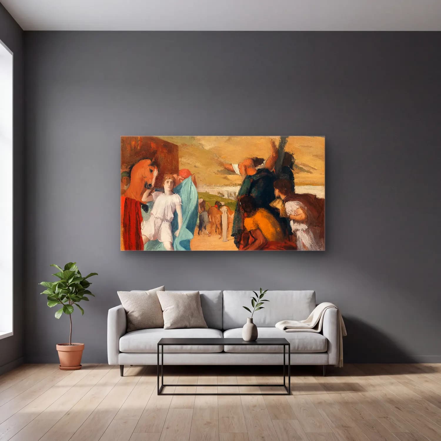 Edgar Degas – Alexander and Bucephalus cam tablo — gri duvarlı salonda