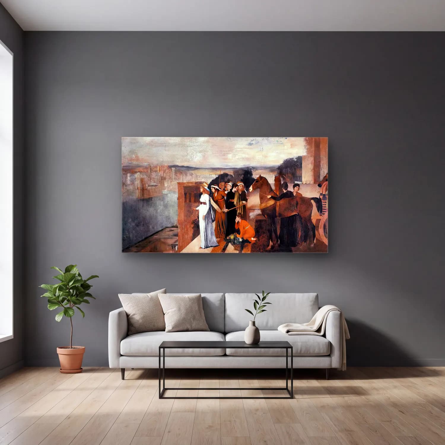 Edgar Degas – Semiramis Building Babylon cam tablo — gri duvarlı salonda