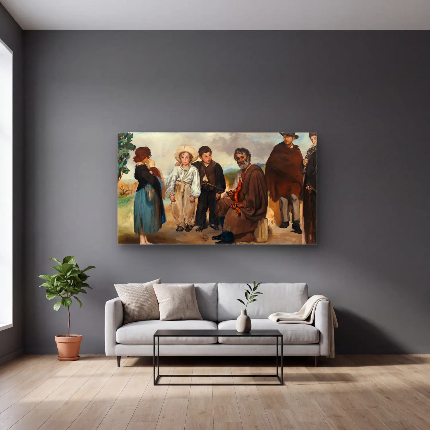 Edouard Manet – The Old Musician Le Vieux Musicien cam tablo — gri duvarlı salonda