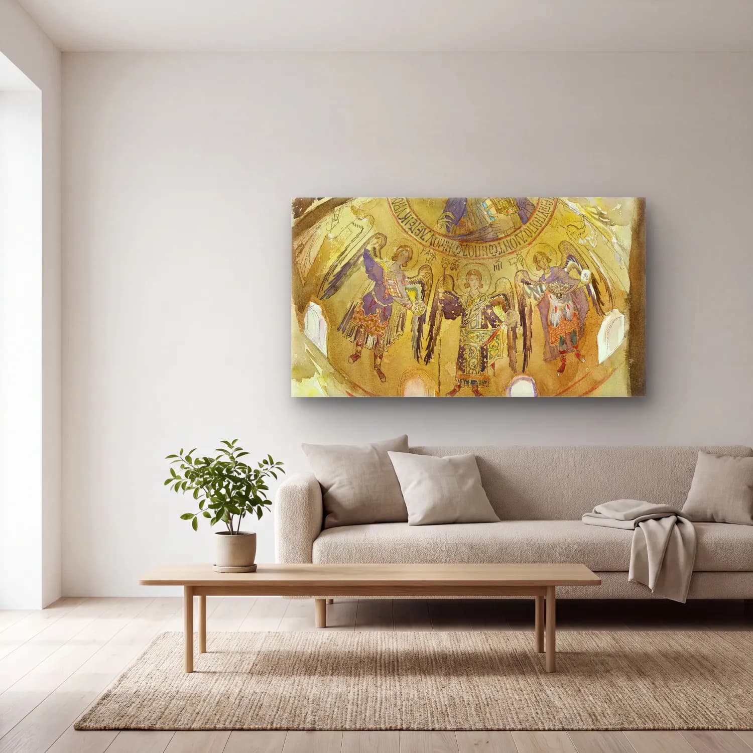 John Singer Sargent – Angels, Mosaic, Palatine Chapel, Palermo cam tablo — açık renk salonda