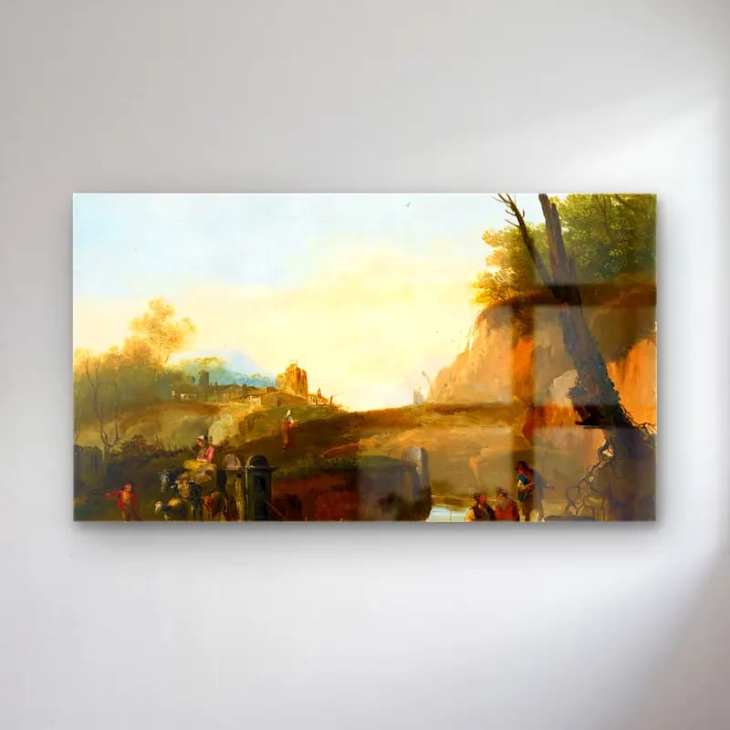 Giuseppe Bernardino Bison – Evening Landscape with Travellers Crossing a Bridge cam tablo — Giuseppe Bernardino Bison – Evening Landscape with Travellers Crossing a Bridge — yağlı boya kırda nehir