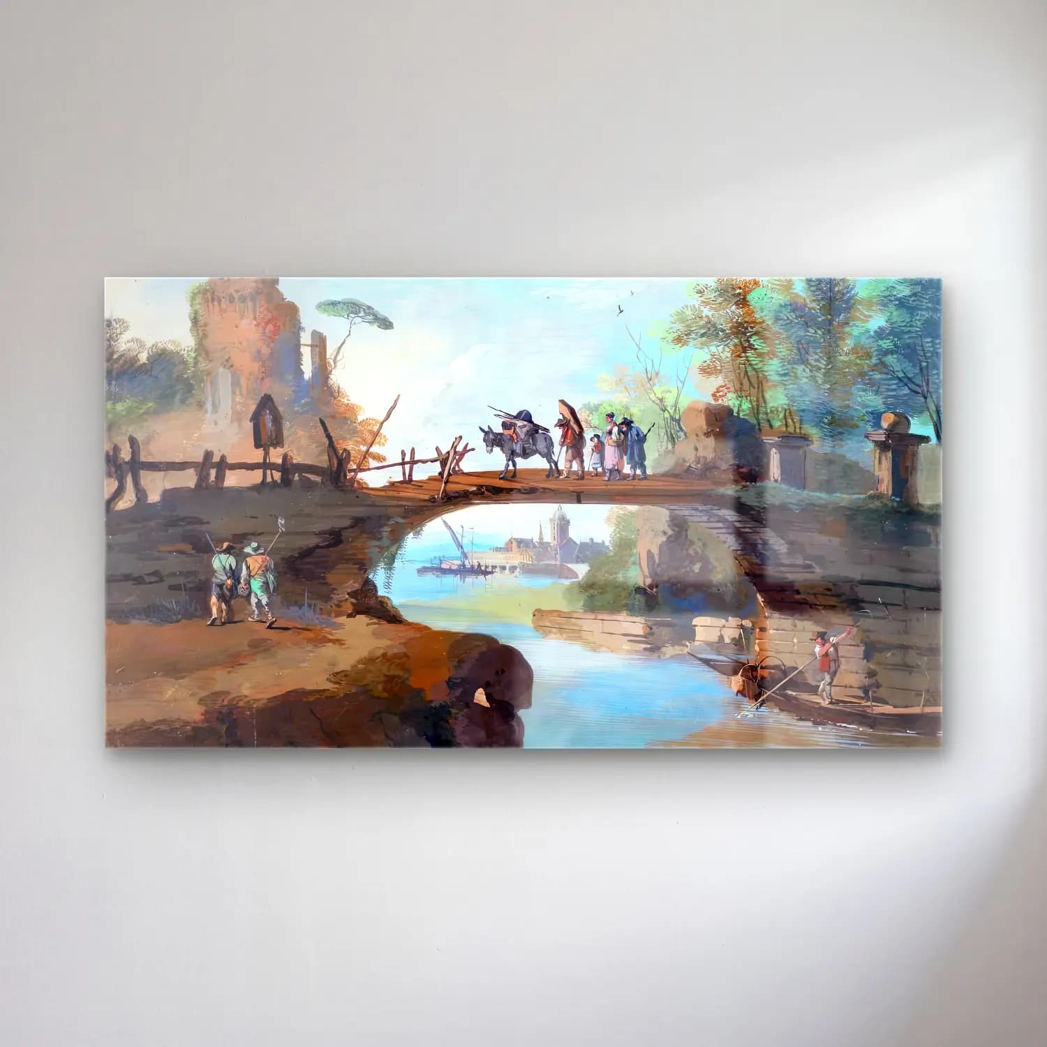 Giuseppe Bernardino Bison – Landscape with Figures and a Bridge cam tablo — Giuseppe Bernardino Bison – Landscape with Figures and a Bridge — vintage köprü